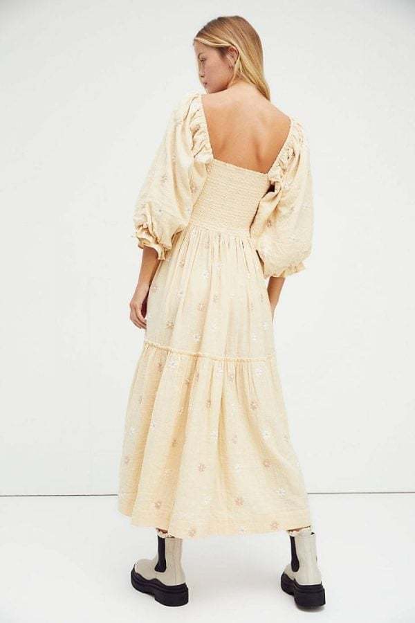 Floral Puff Sleeves Square Collar Midi Dress