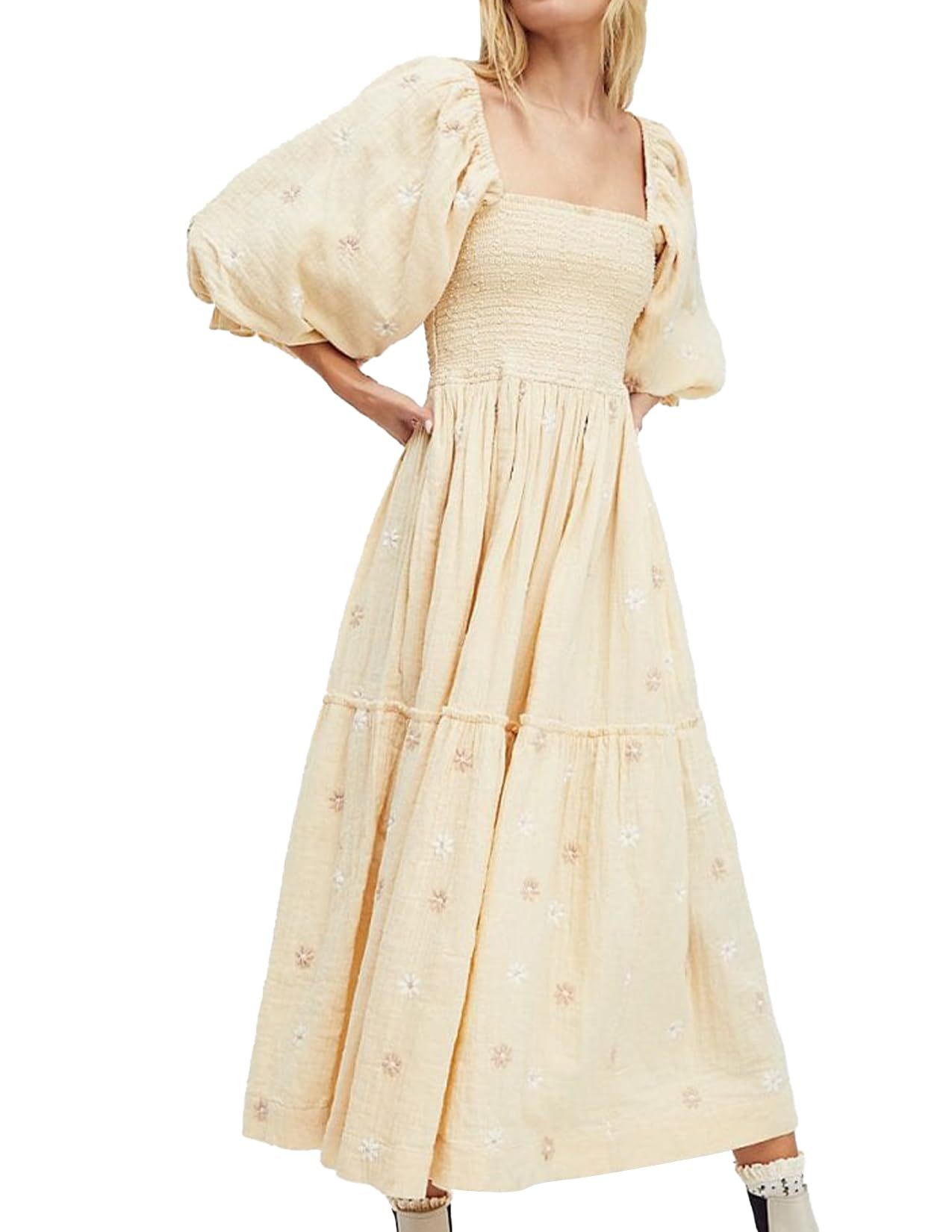 Floral Puff Sleeves Square Collar Midi Dress