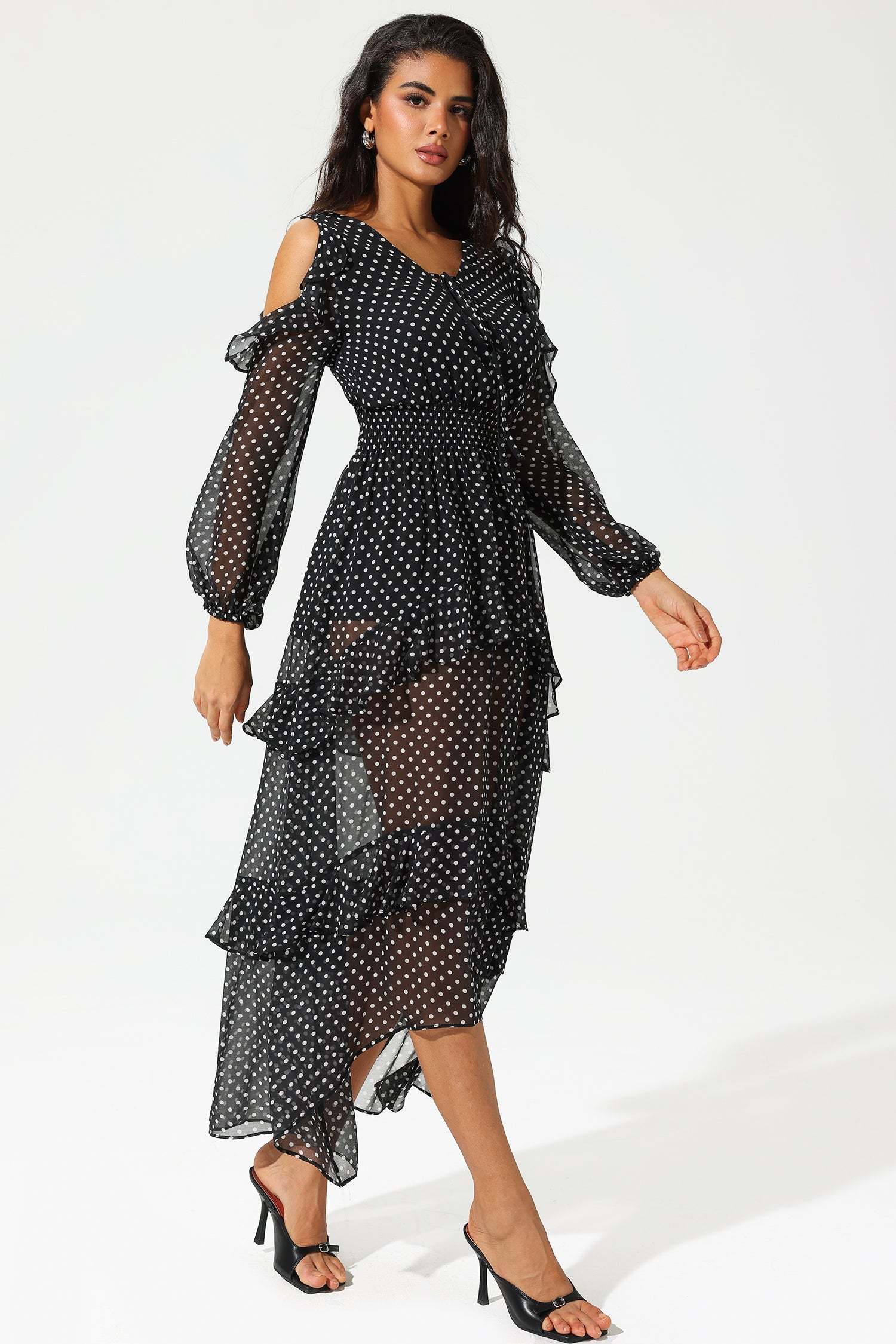 Cold-Shoulder V-Neck Ruffled Maxi Dress