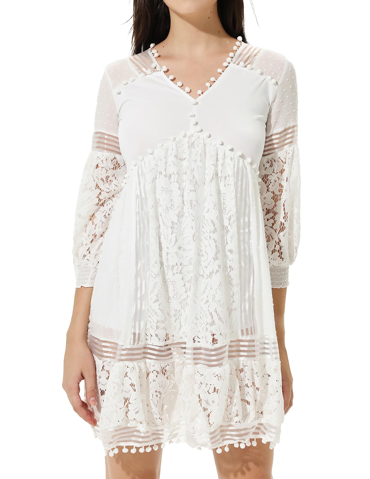 White Lantern Sleeves V-Neck Lace Mini Dress