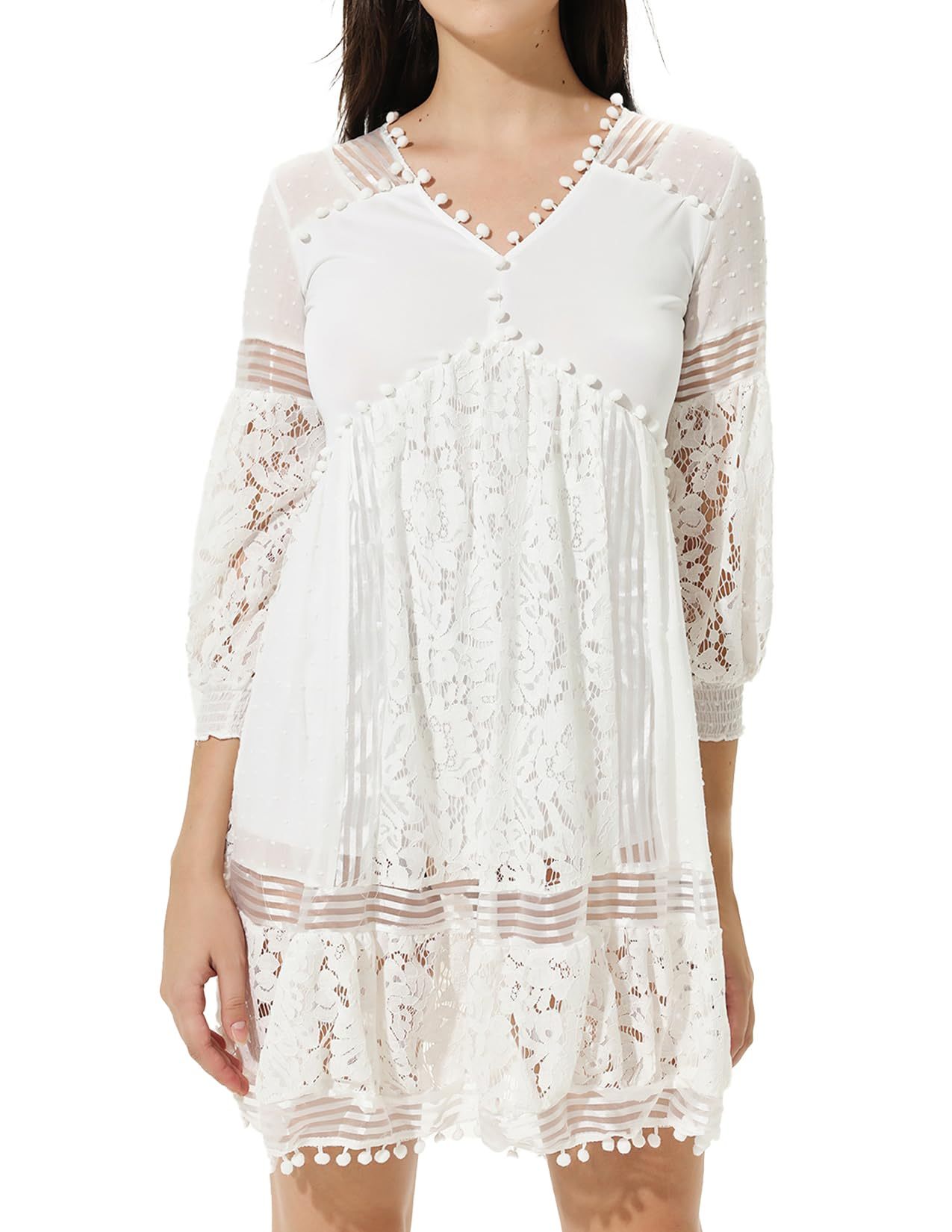 White Lantern Sleeves V-Neck Lace Mini Dress