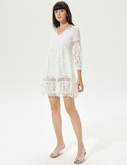 White Lantern Sleeves V-Neck Lace Mini Dress