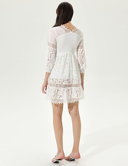 White Lantern Sleeves V-Neck Lace Mini Dress