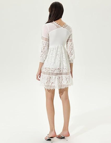 White Lantern Sleeves V-Neck Lace Mini Dress