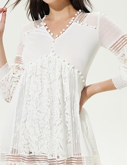 White Lantern Sleeves V-Neck Lace Mini Dress