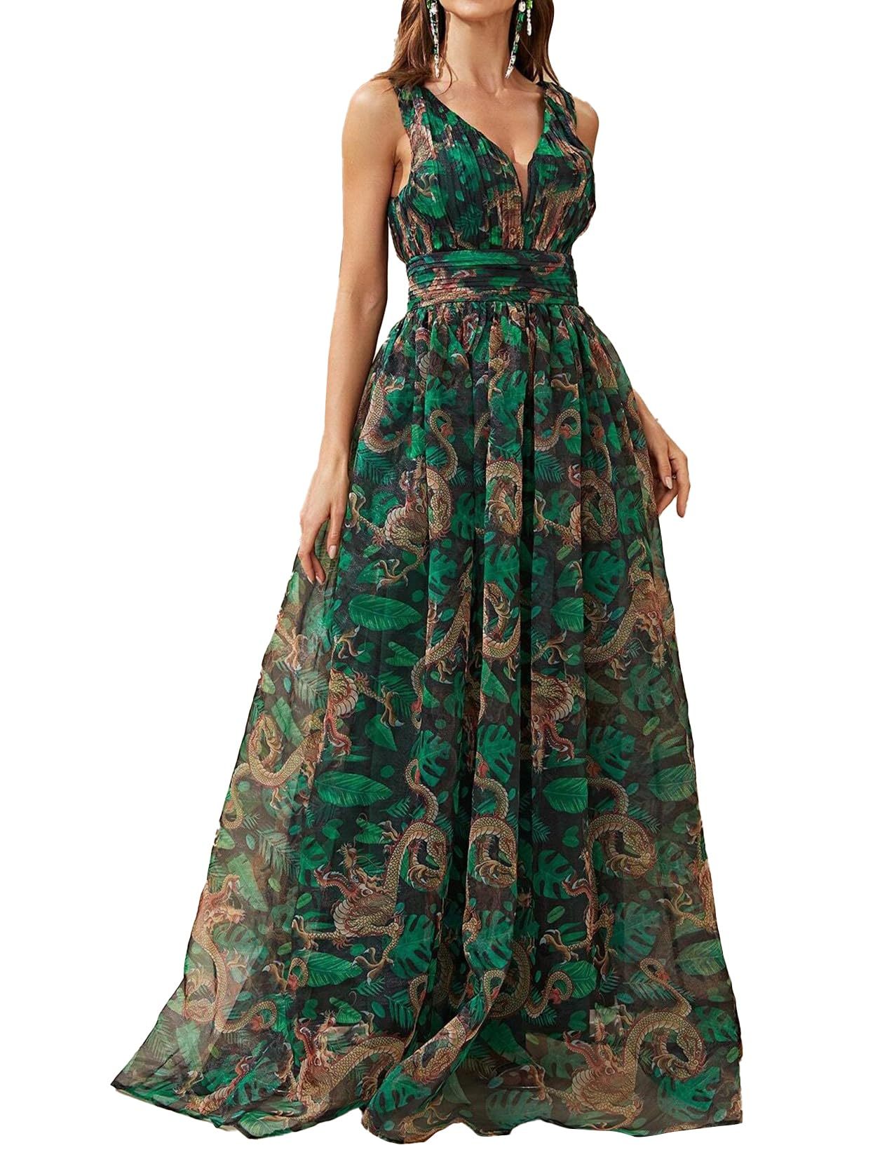 Floral Cami V-neck Pleated Maxi Dress