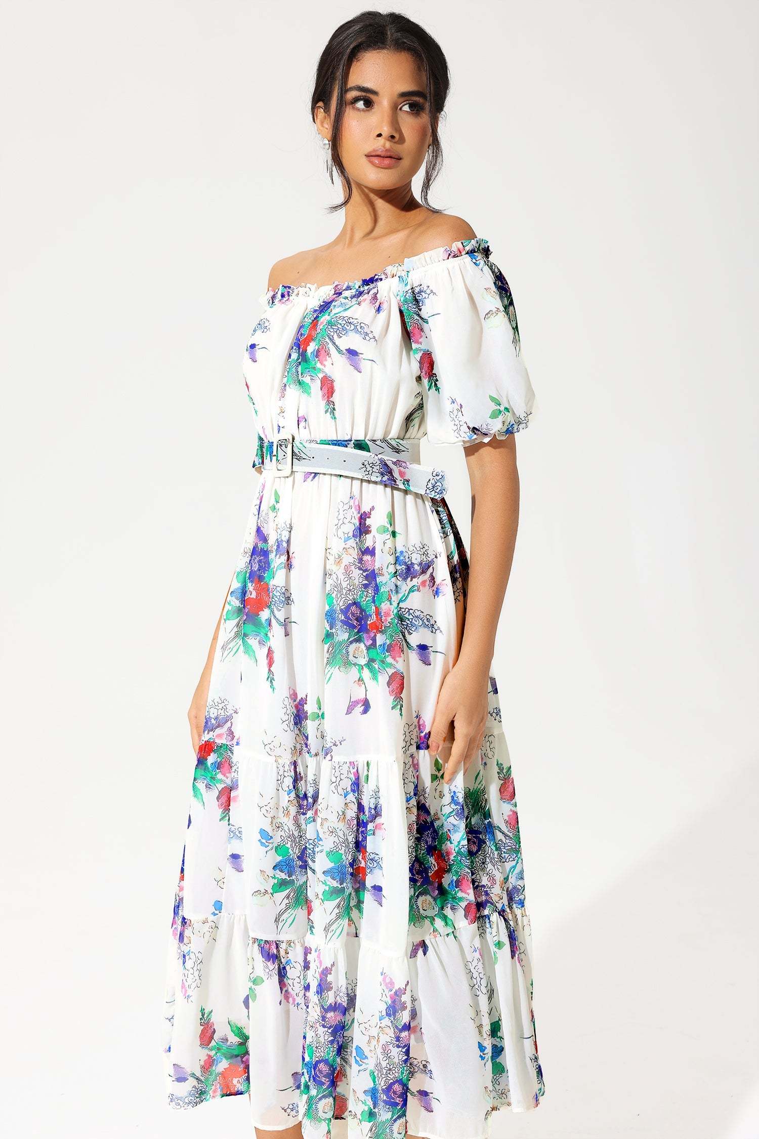 Floral Puff Sleeves Off-shoulder Ruffle Hem Maxi Dress