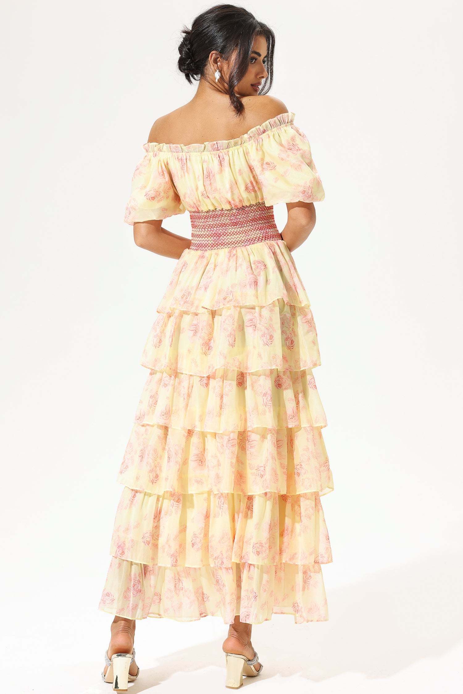 Floral Puff Sleeves Square Collar Ruffle Tapered Waist Lace up Maxi Dress