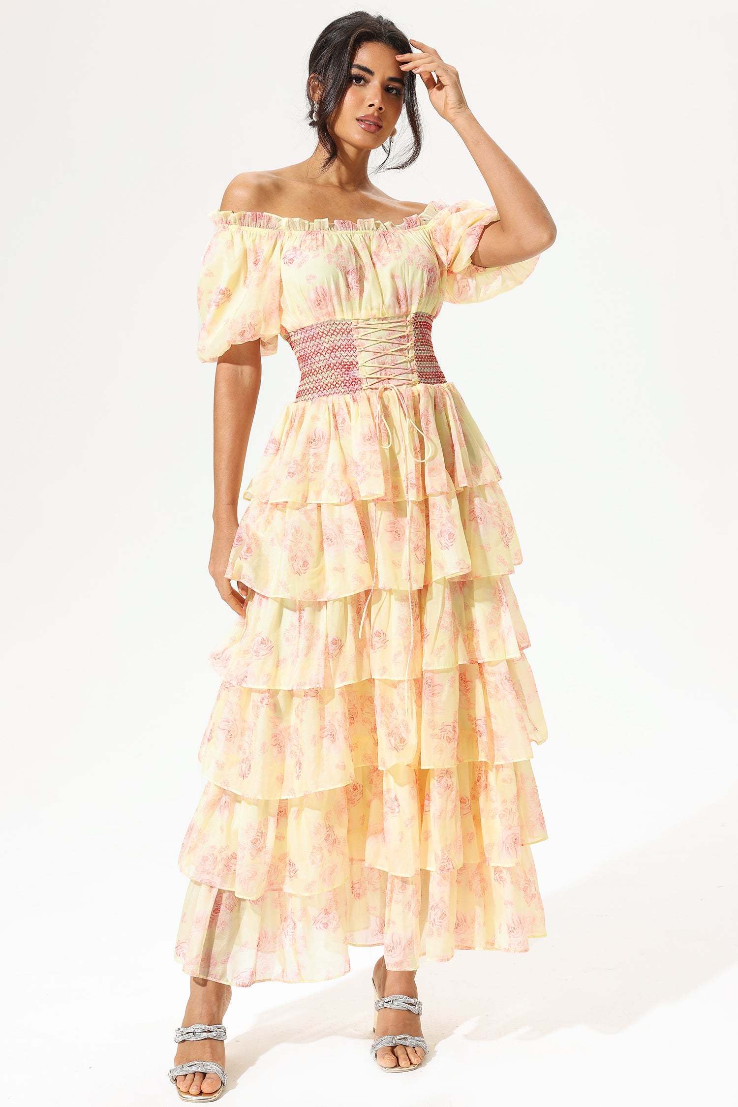 Floral Puff Sleeves Square Collar Ruffle Tapered Waist Lace up Maxi Dress