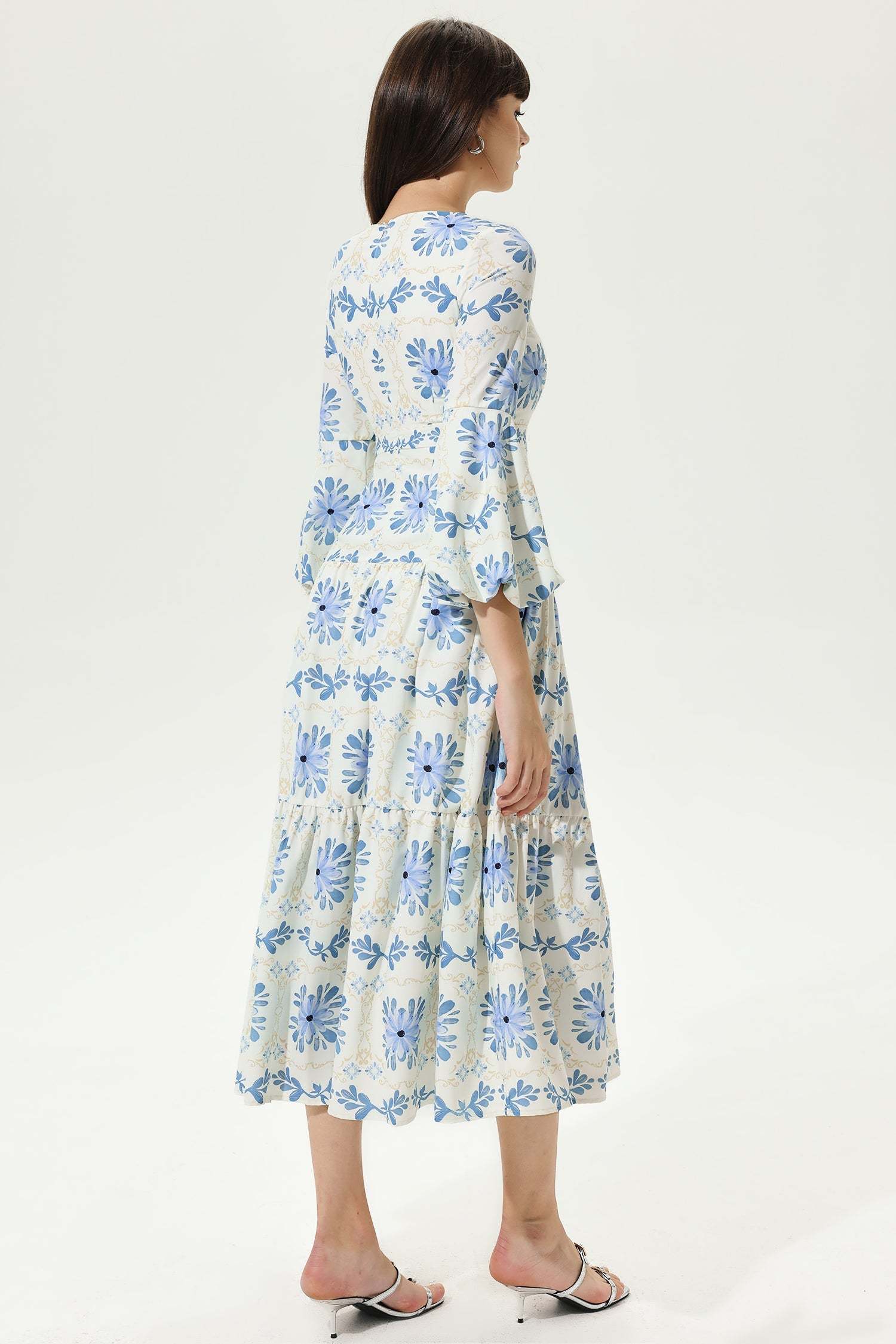 Floral Lantern Sleeve Square Collar Tapered Waist Maxi Dress