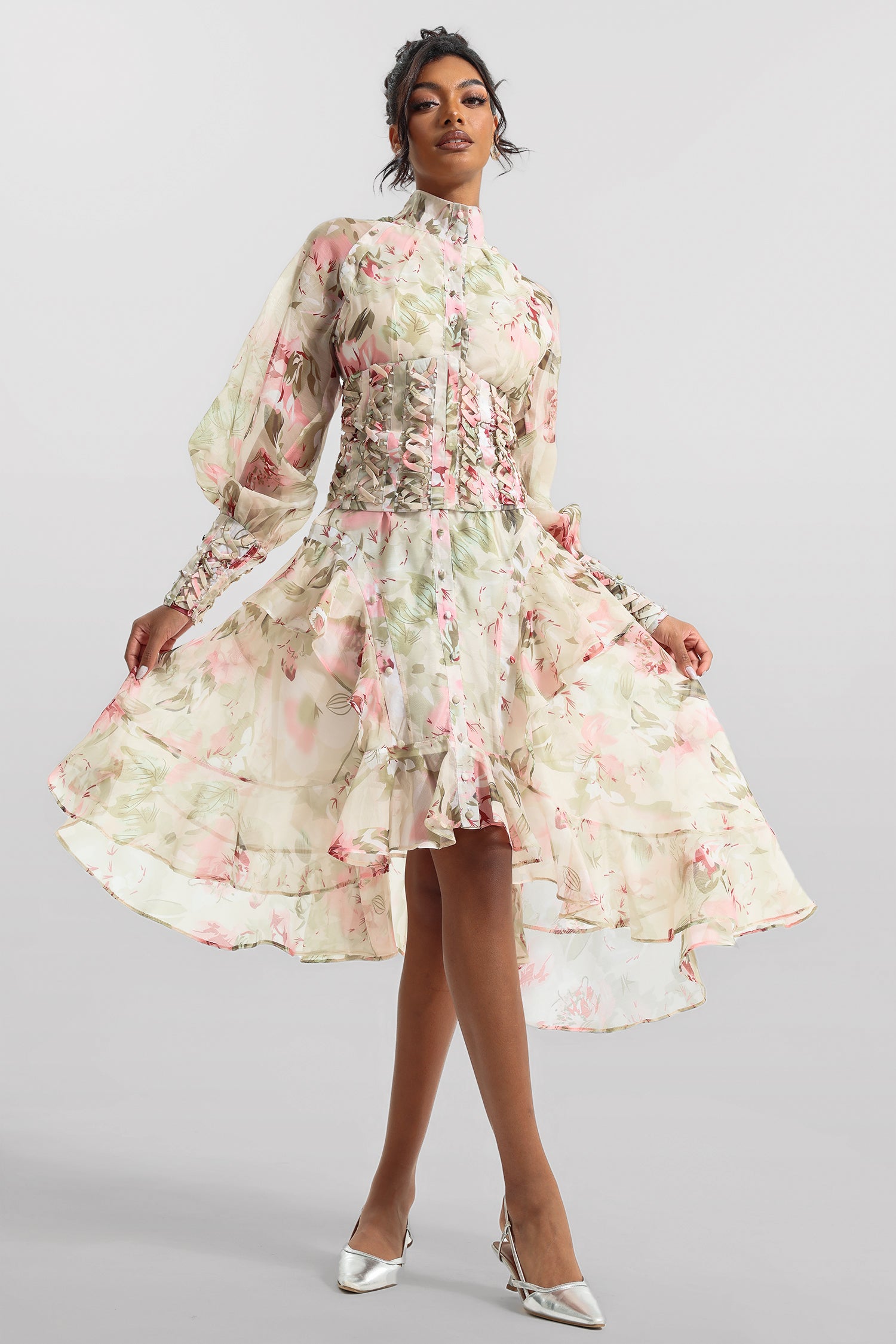 Printed Lantern Sleeve Stand Collar Yarn Mesh Lace-up Waist Midi Dress