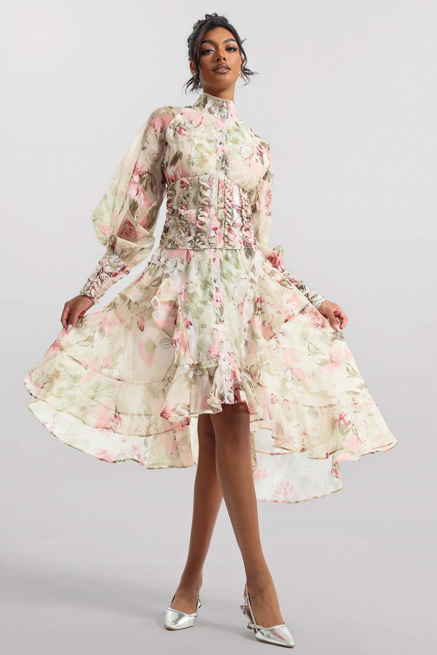 Printed Lantern Sleeve Stand Collar Yarn Mesh Lace-up Waist Midi Dress