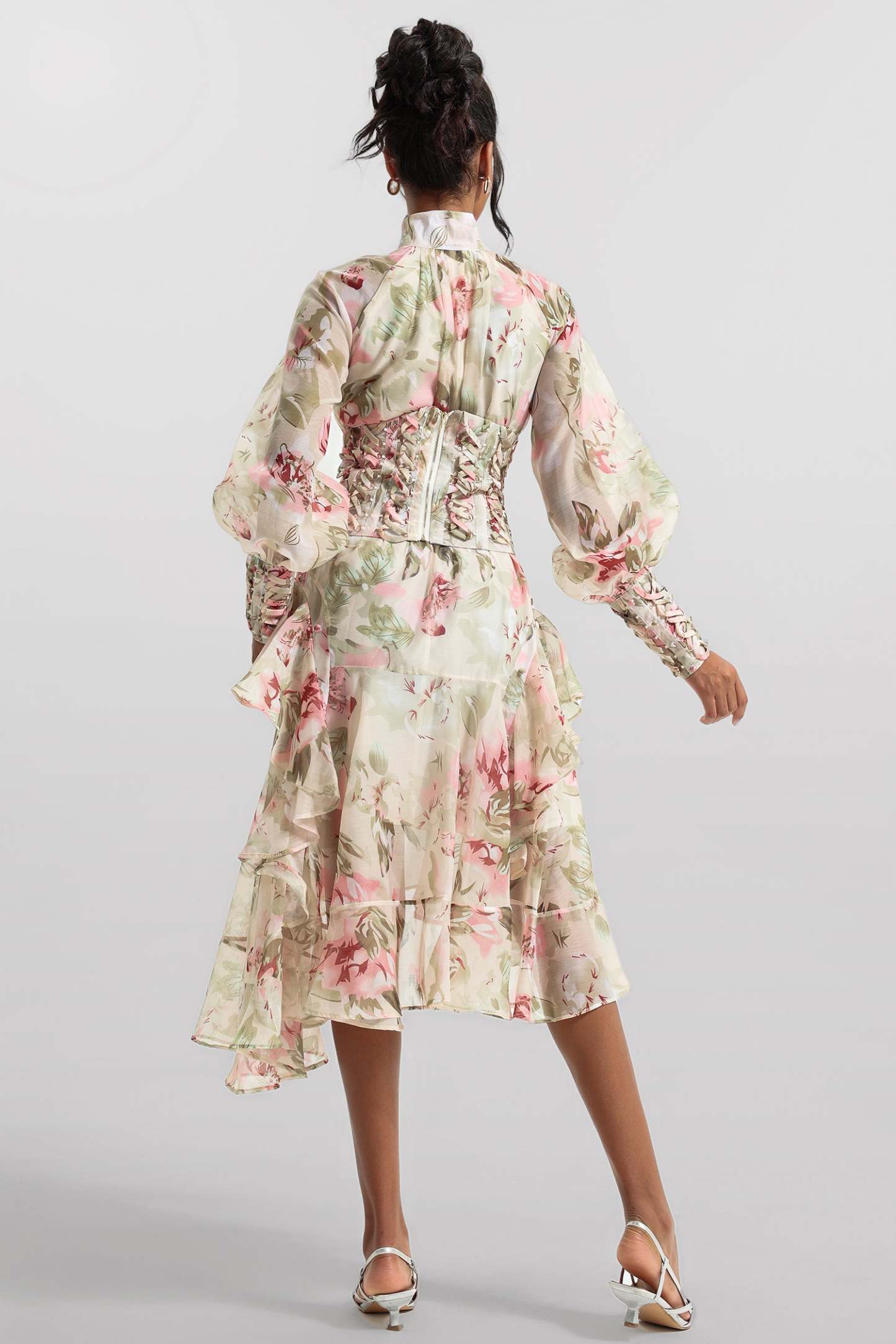 Printed Lantern Sleeve Stand Collar Yarn Mesh Lace-up Waist Midi Dress