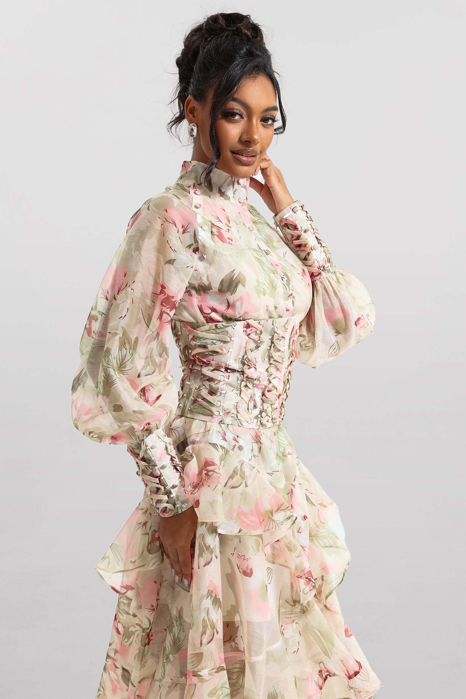 Printed Lantern Sleeve Stand Collar Yarn Mesh Lace-up Waist Midi Dress