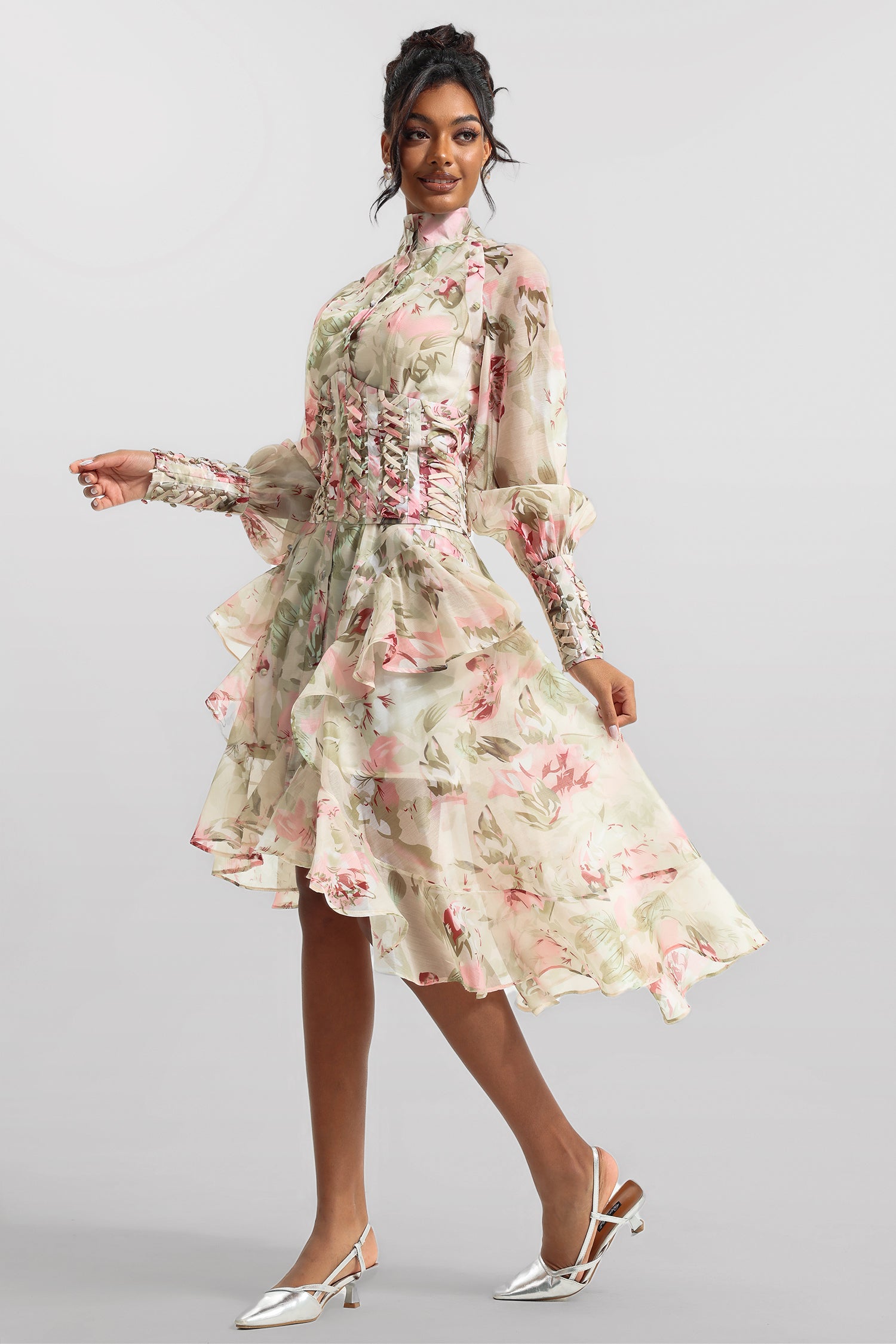 Printed Lantern Sleeve Stand Collar Yarn Mesh Lace-up Waist Midi Dress