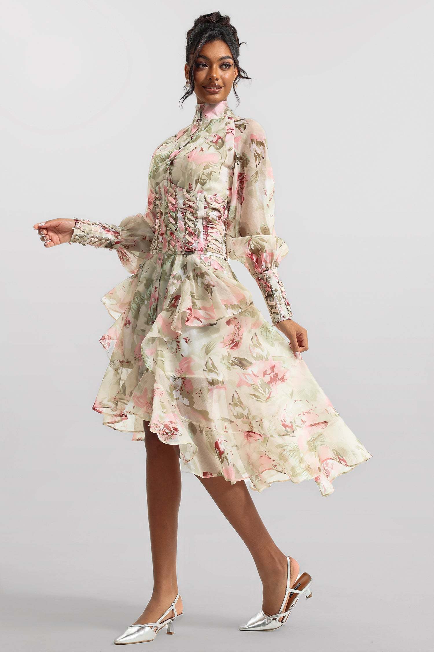 Printed Lantern Sleeve Stand Collar Yarn Mesh Lace-up Waist Midi Dress