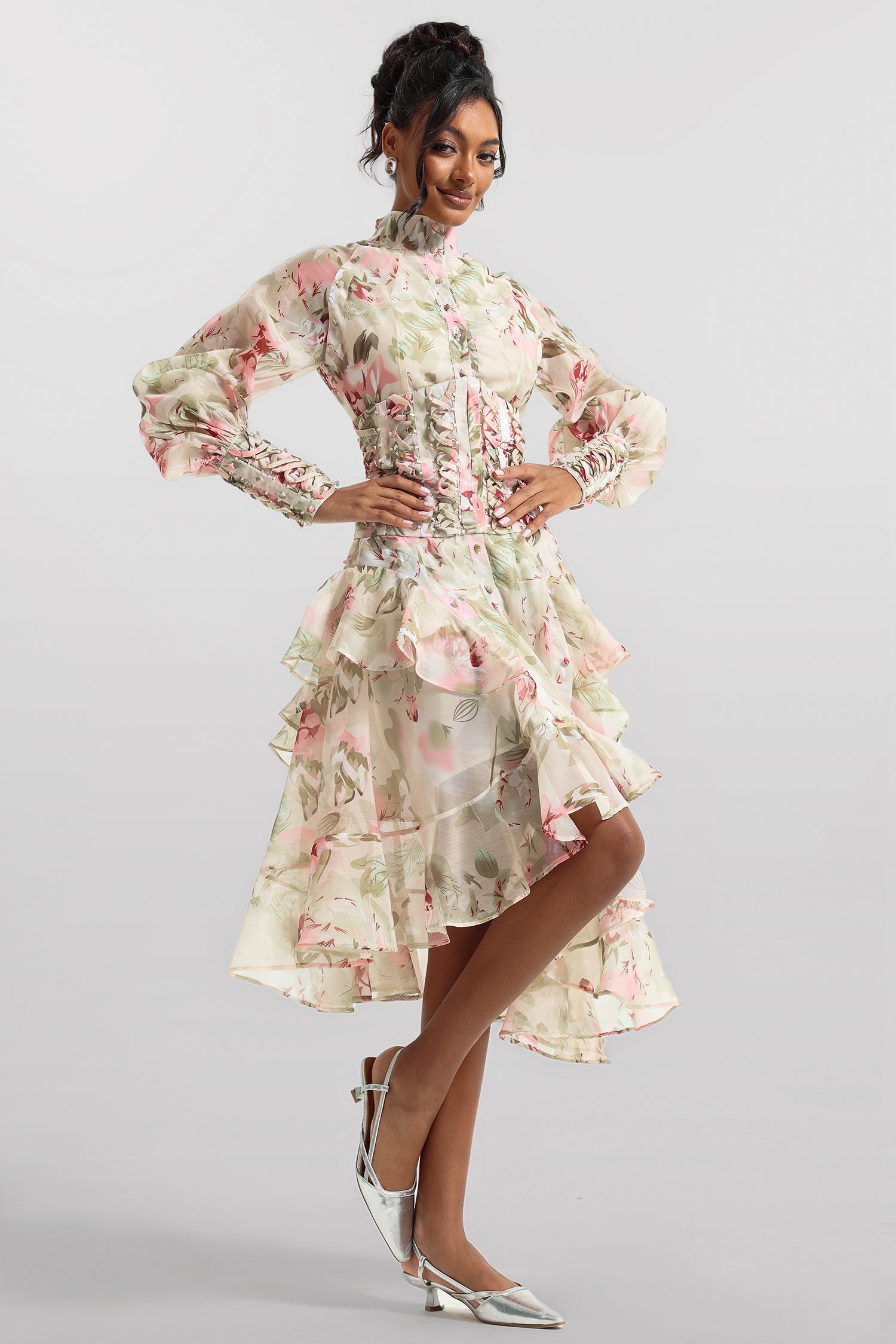 Printed Lantern Sleeve Stand Collar Yarn Mesh Lace-up Waist Midi Dress