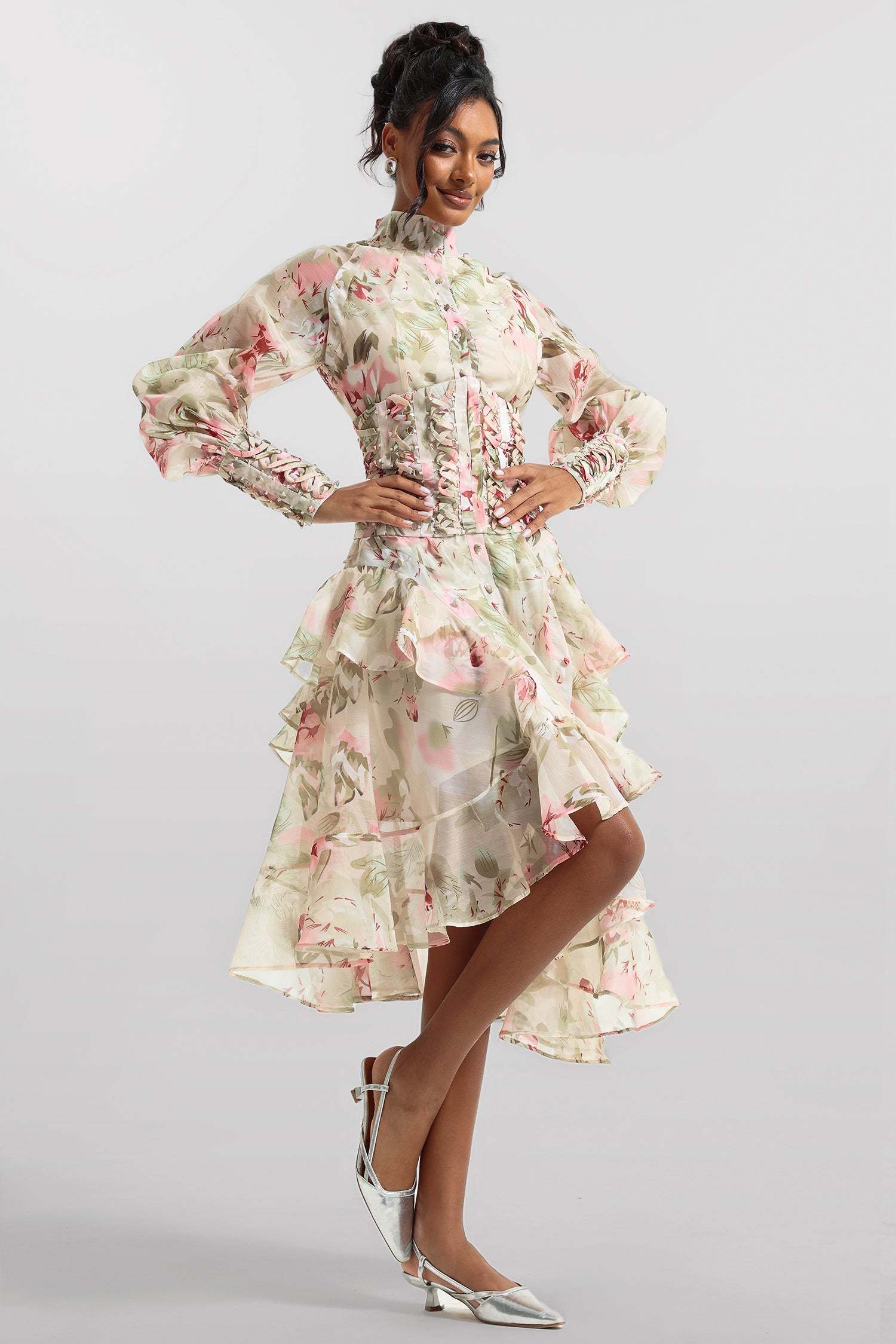 Printed Lantern Sleeve Stand Collar Yarn Mesh Lace-up Waist Midi Dress