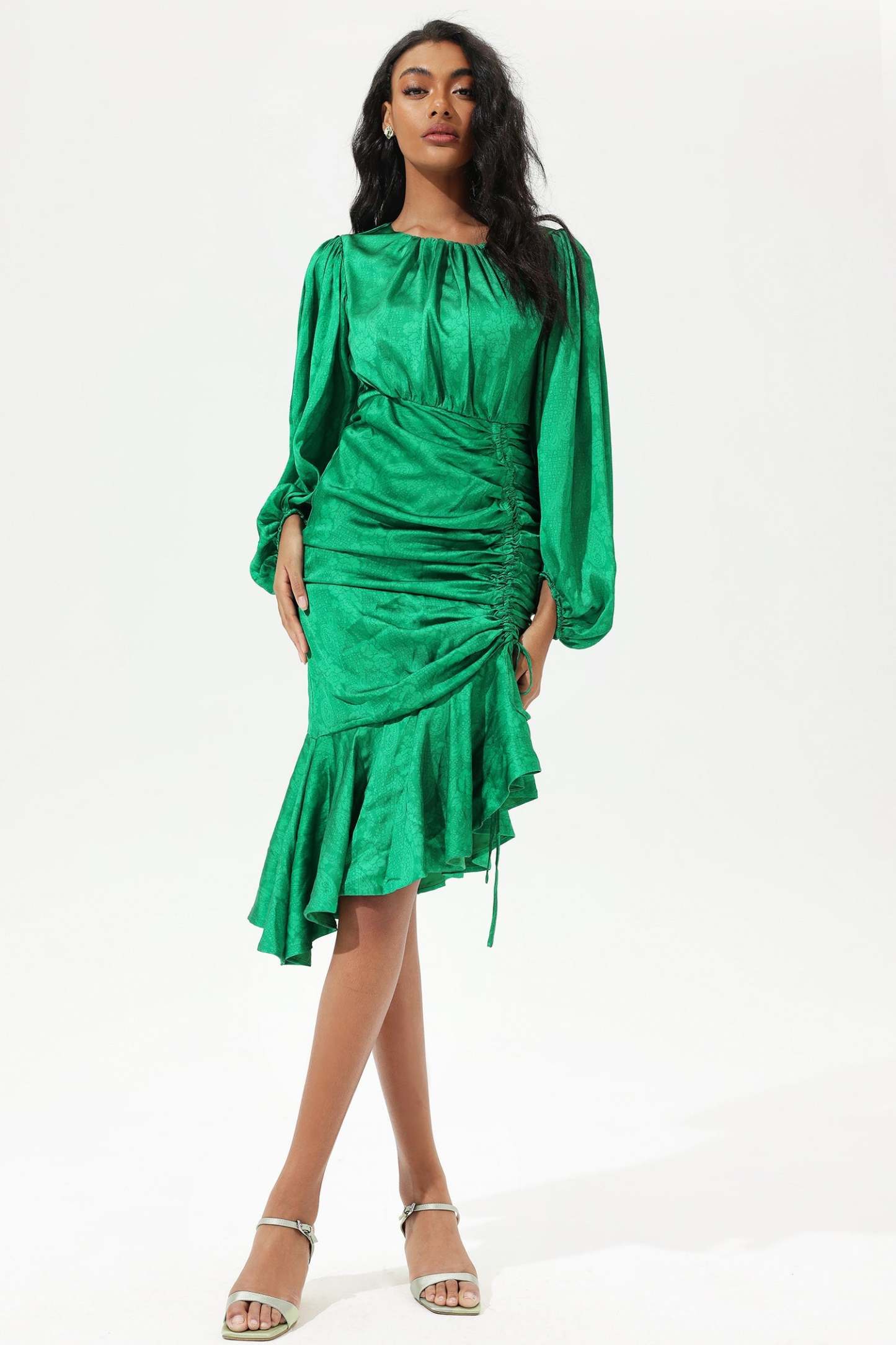 Green Lantern Sleeve Round Collar Waist Irregular Fishtail Midi Dress