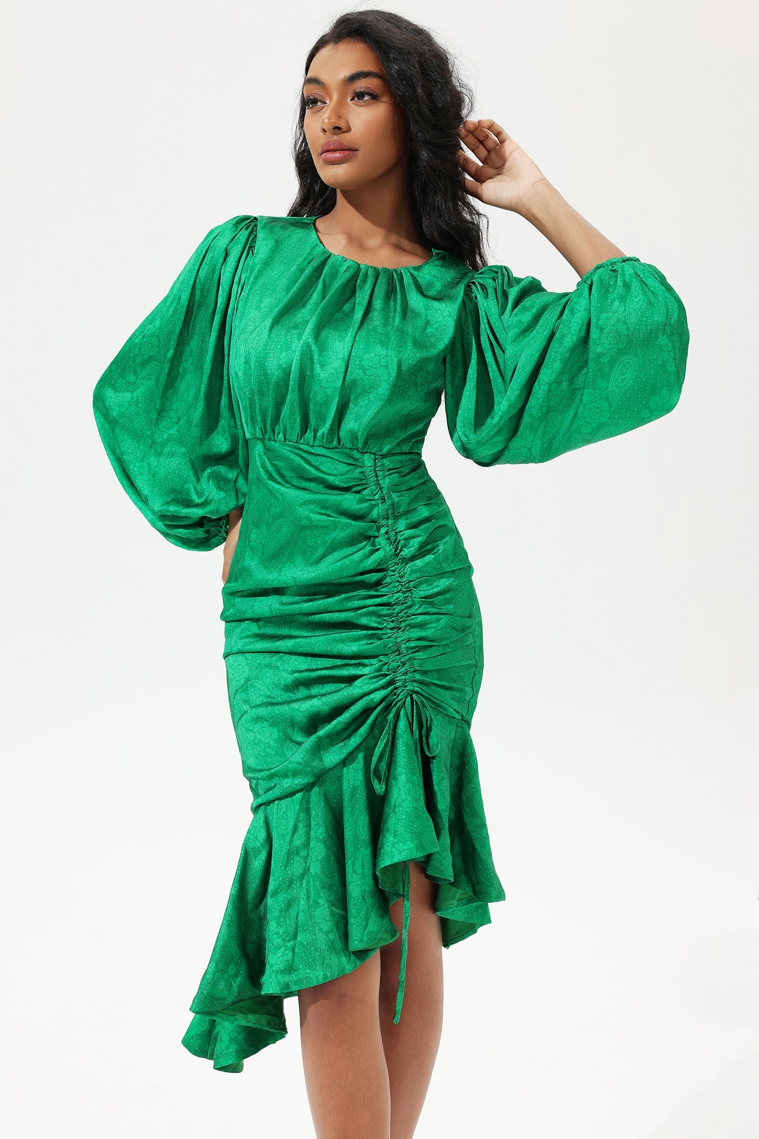 Green Lantern Sleeve Round Collar Waist Irregular Fishtail Midi Dress