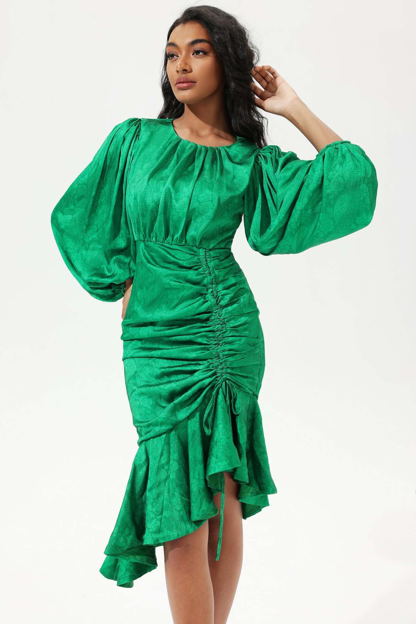 Green Lantern Sleeve Round Collar Waist Irregular Fishtail Midi Dress