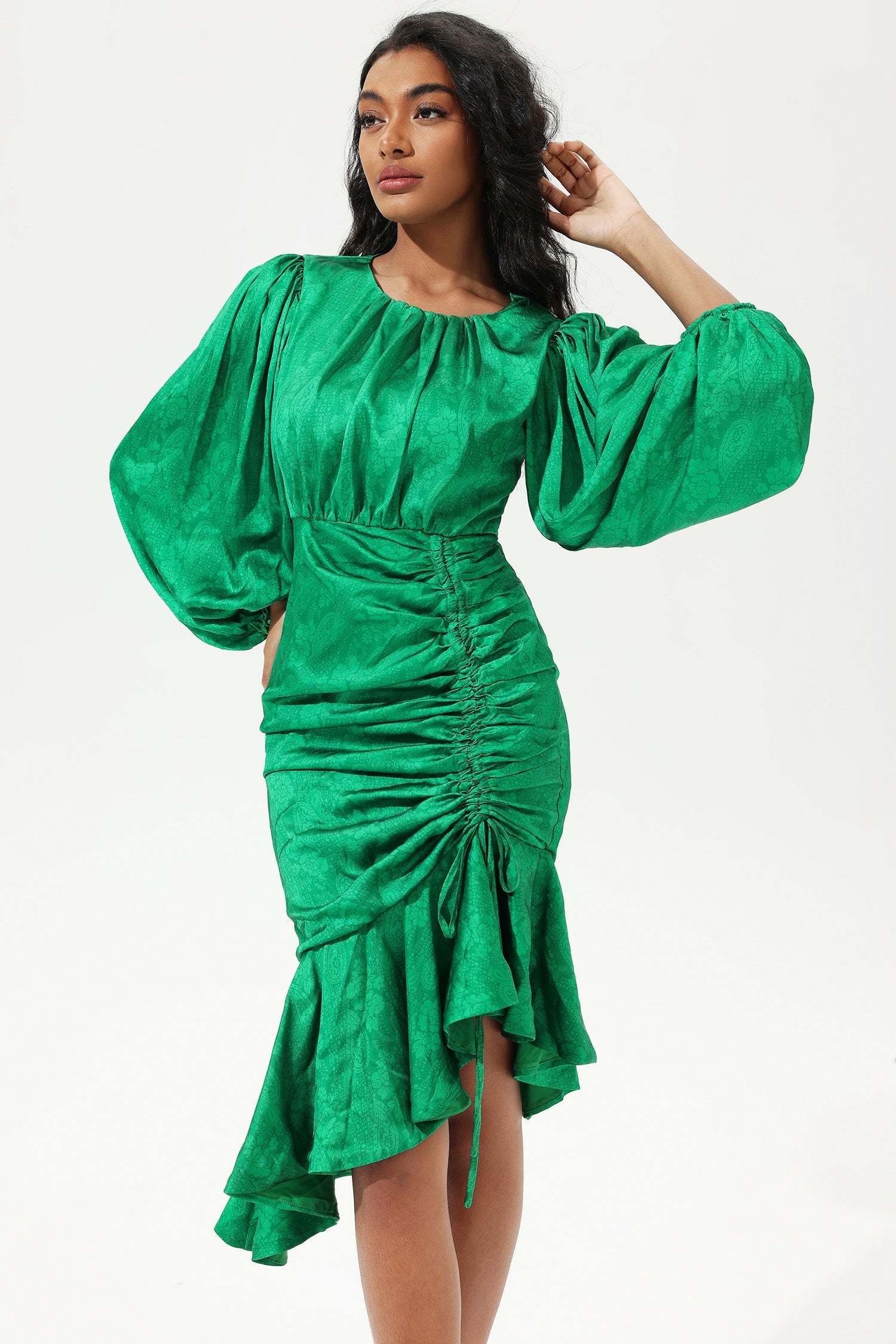 Green Lantern Sleeve Round Collar Waist Irregular Fishtail Midi Dress
