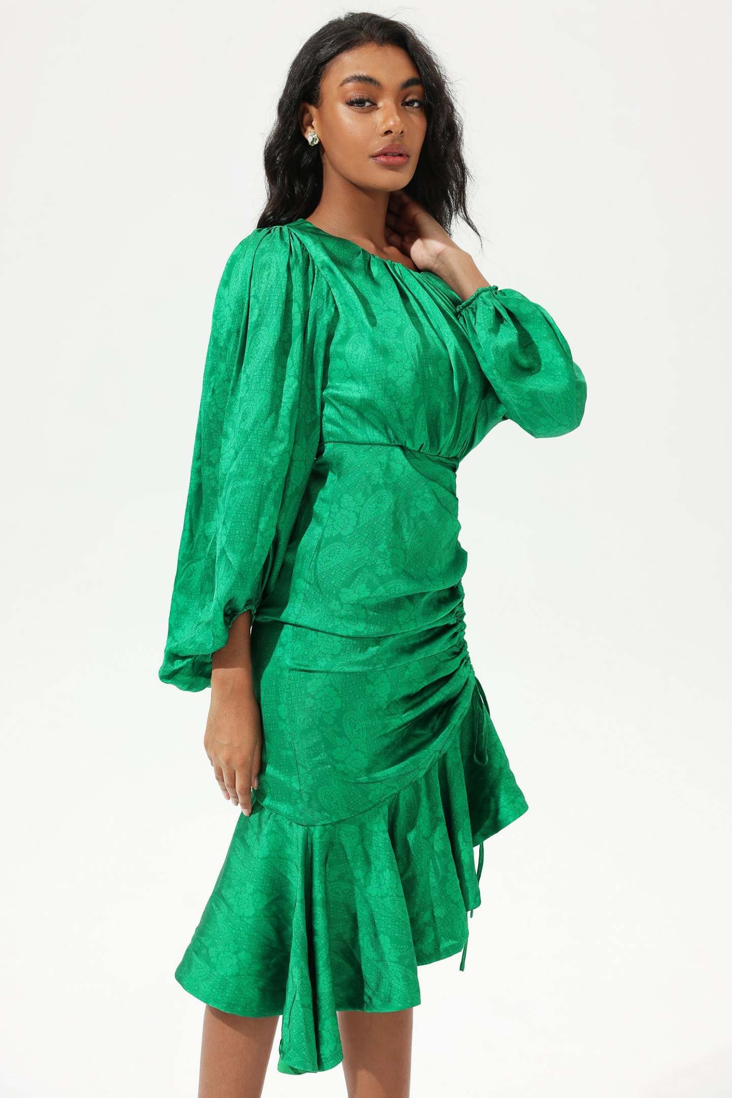 Green Lantern Sleeve Round Collar Waist Irregular Fishtail Midi Dress