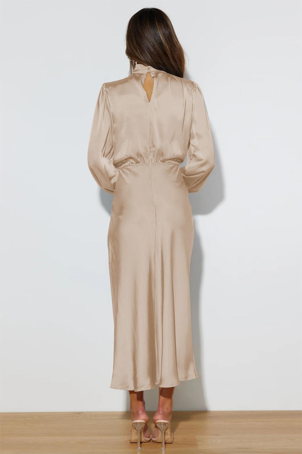 Loose Satin Lantern Sleeve High Neck Midi Dress