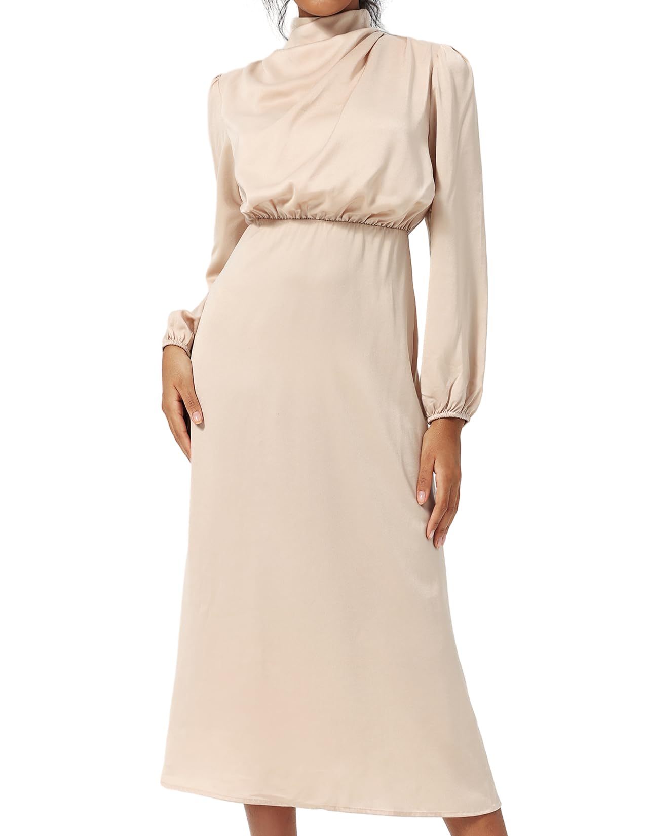 Loose Satin Lantern Sleeve High Neck Midi Dress