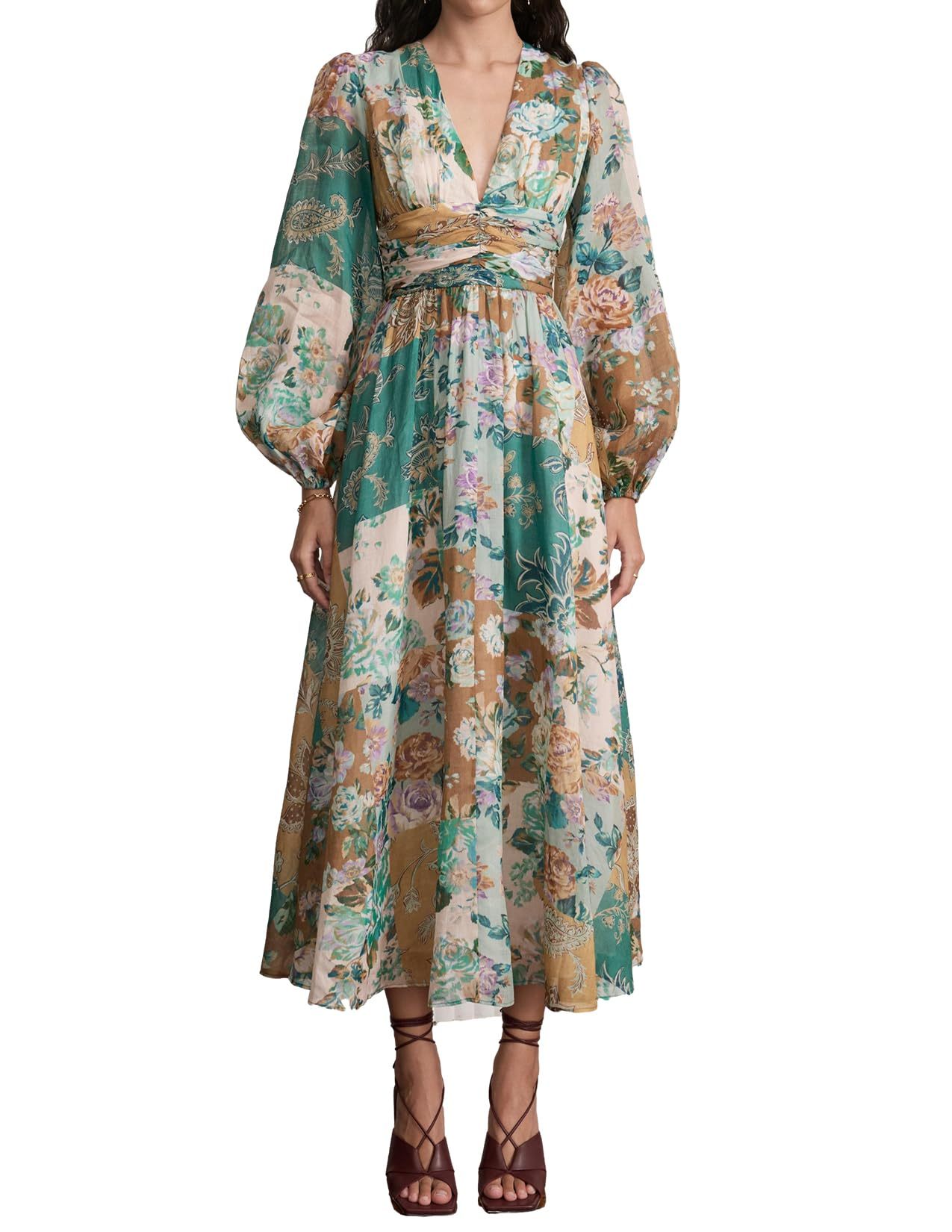 Printed Long Sleeve V-Neck Midi Dress