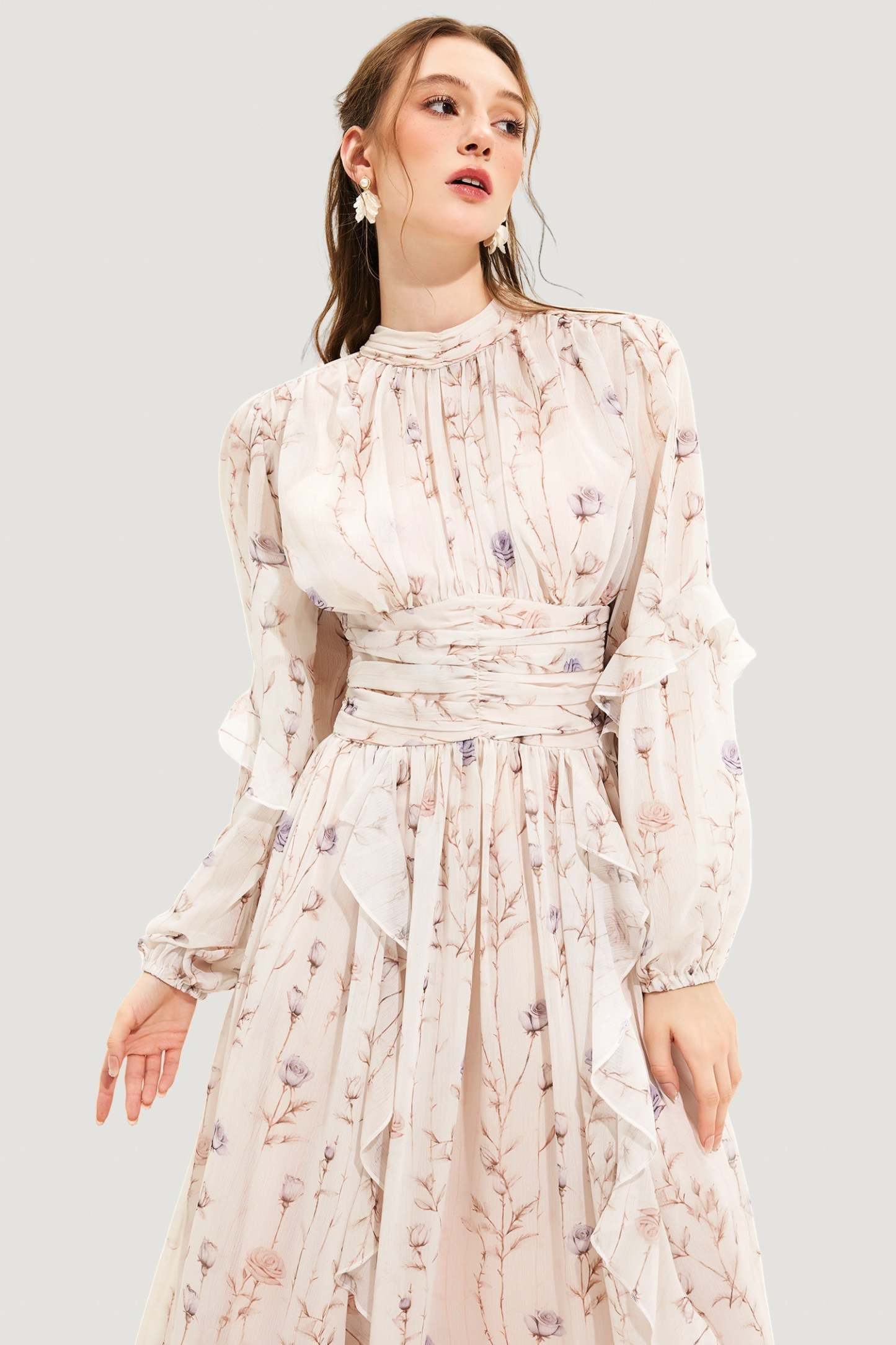 Floral Round Neck Puff Sleeve Midi Dress