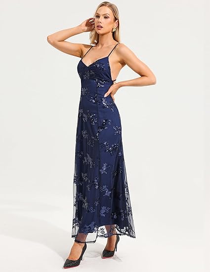 Sequin V-Neck Backless Maxi Dress