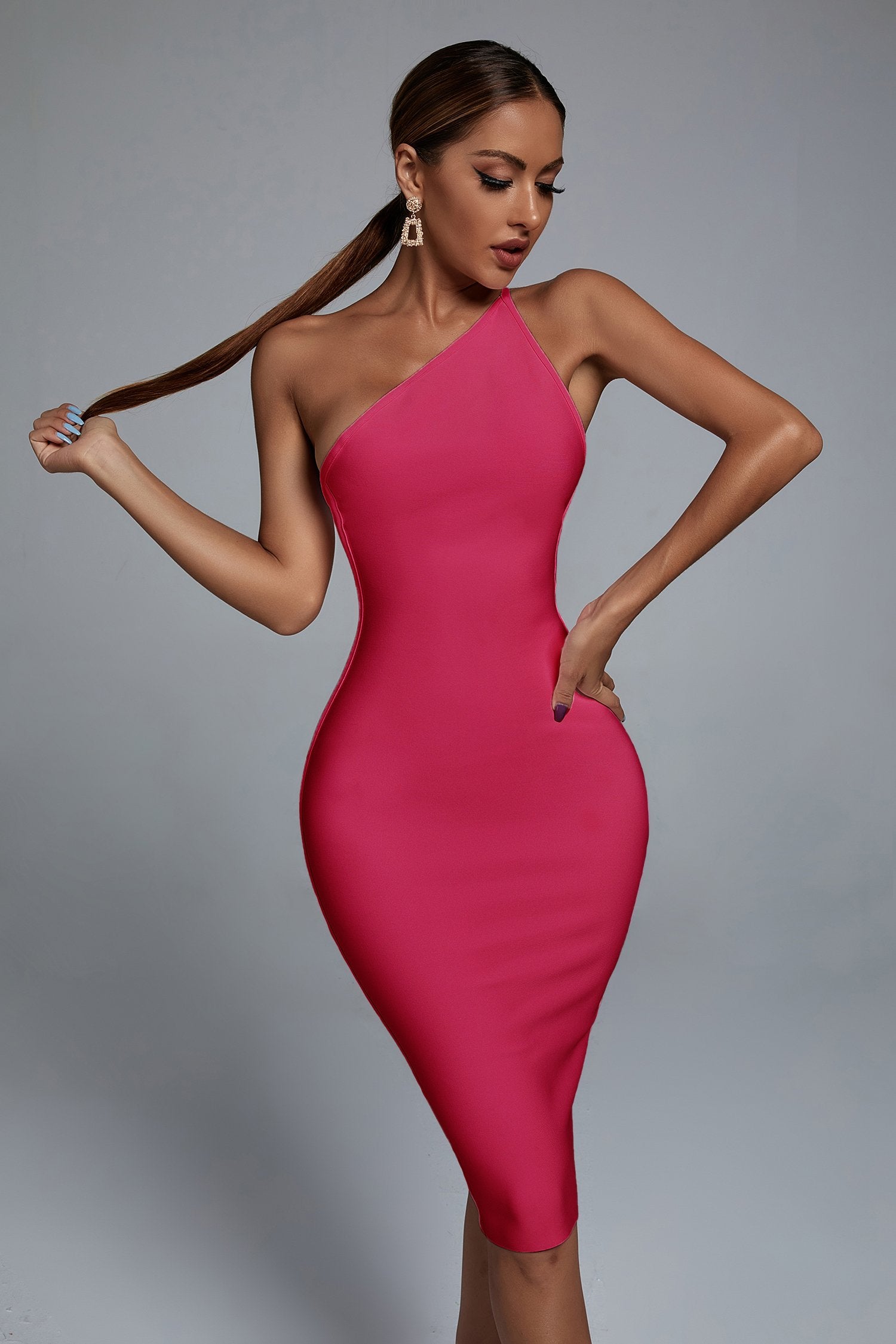 Janan One Shoulder Midi Bandage Dress - Hot Pink - Bellabarnett