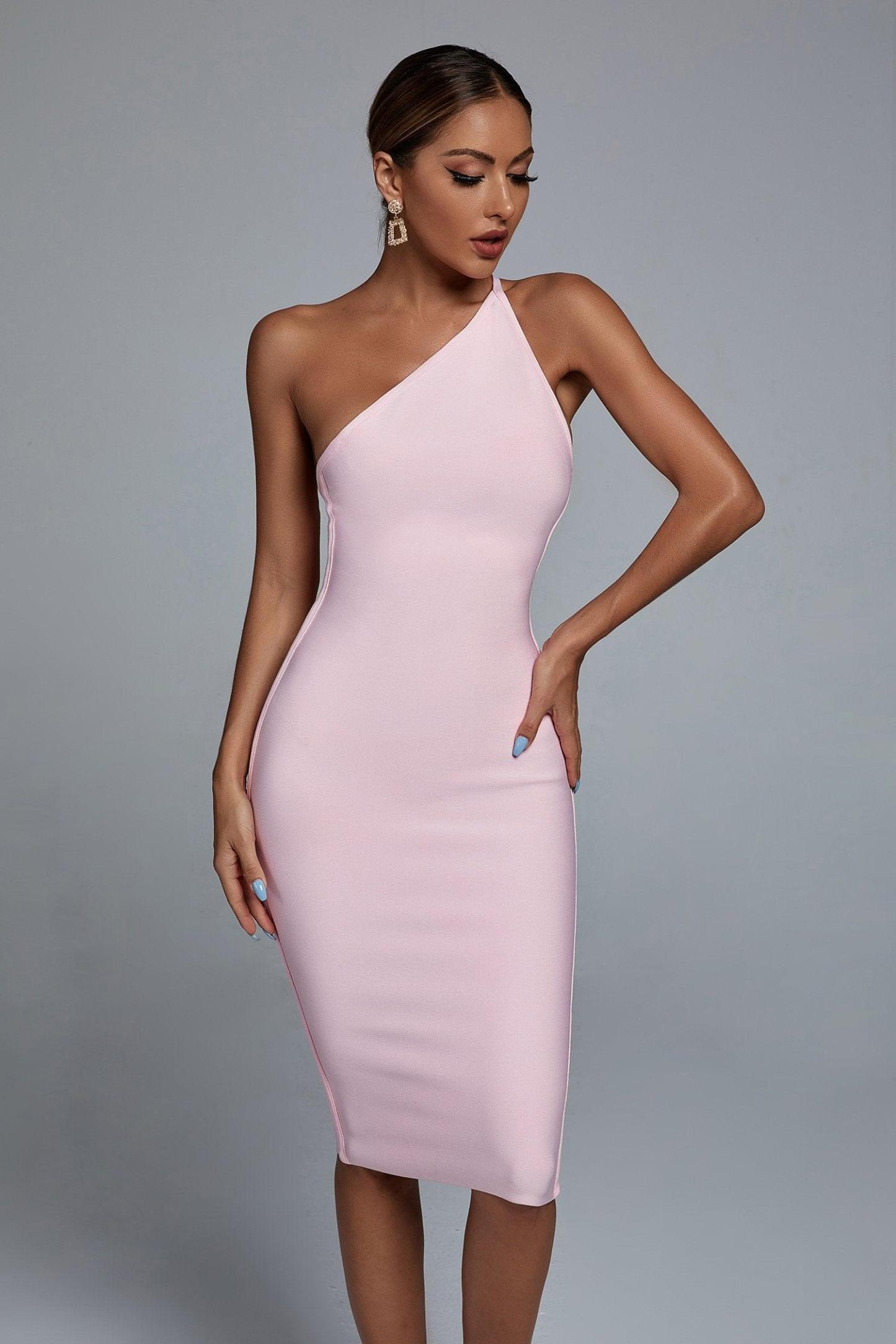 Janan One Shoulder Midi Bandage Dress - Pink - Bellabarnett
