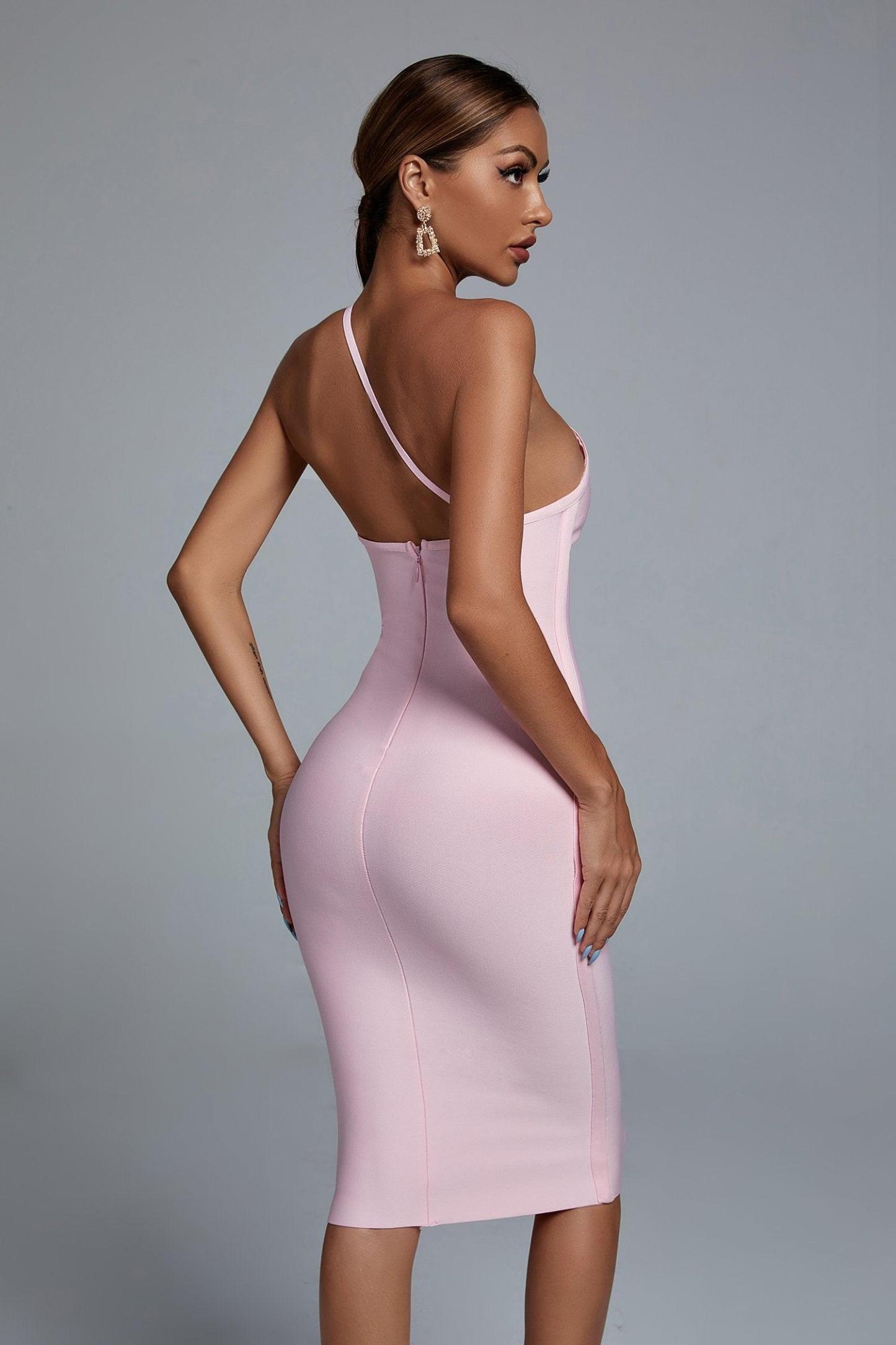 Janan One Shoulder Midi Bandage Dress - Pink - Bellabarnett