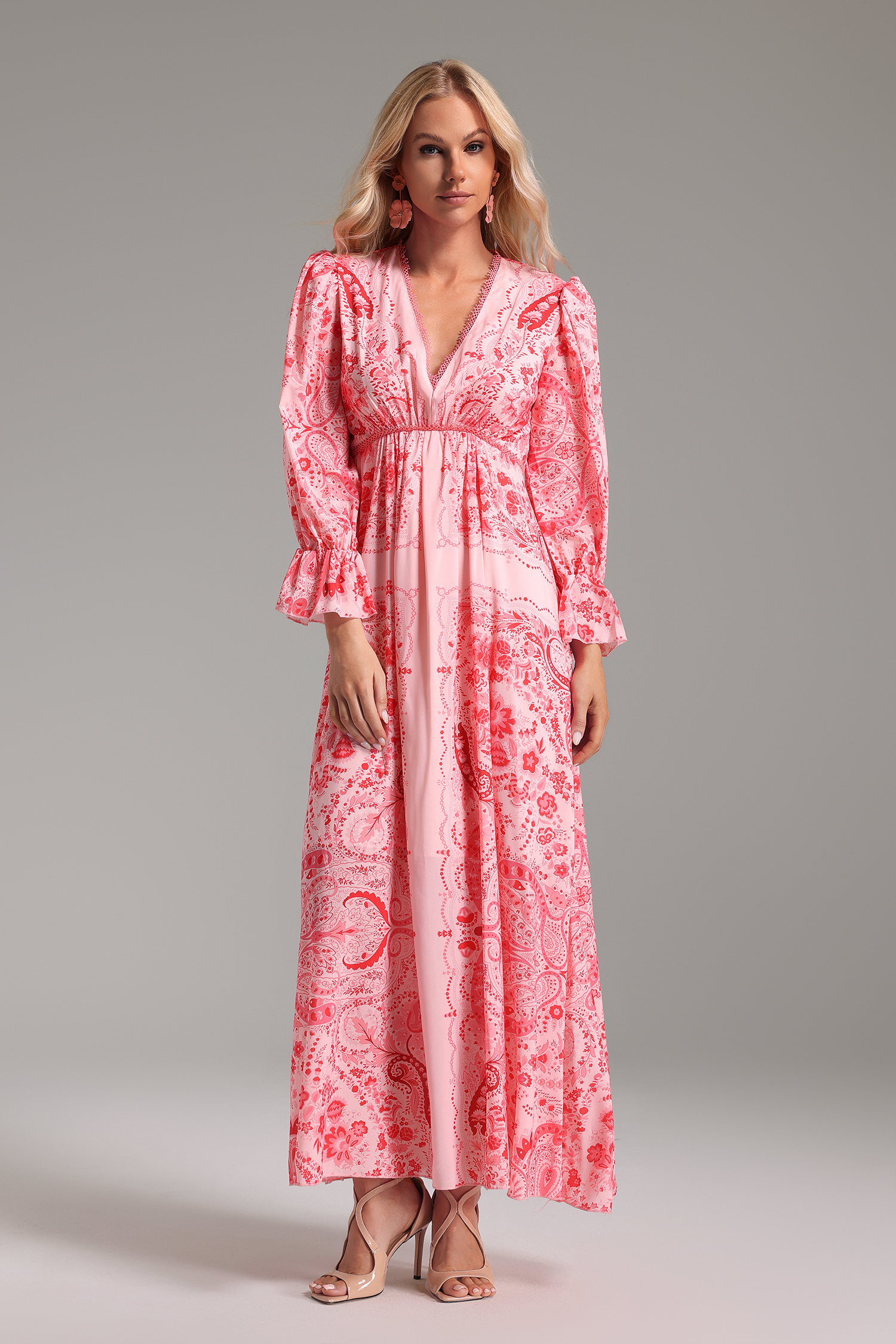 Printed Long Sleeve V-neck Lace-trimmed Silk Maxi Dress