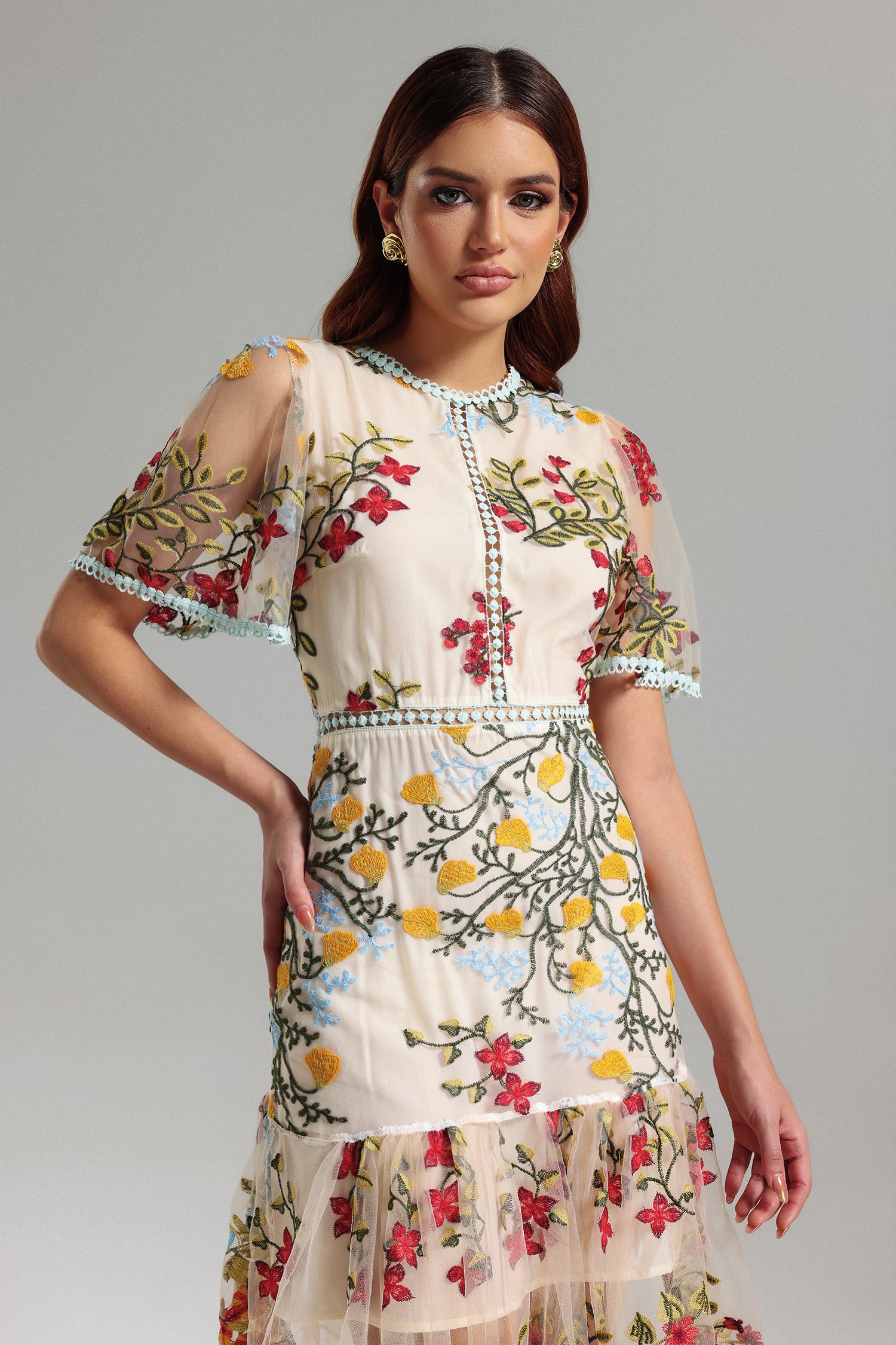 Julieta Floral Embroidery Midi Dress