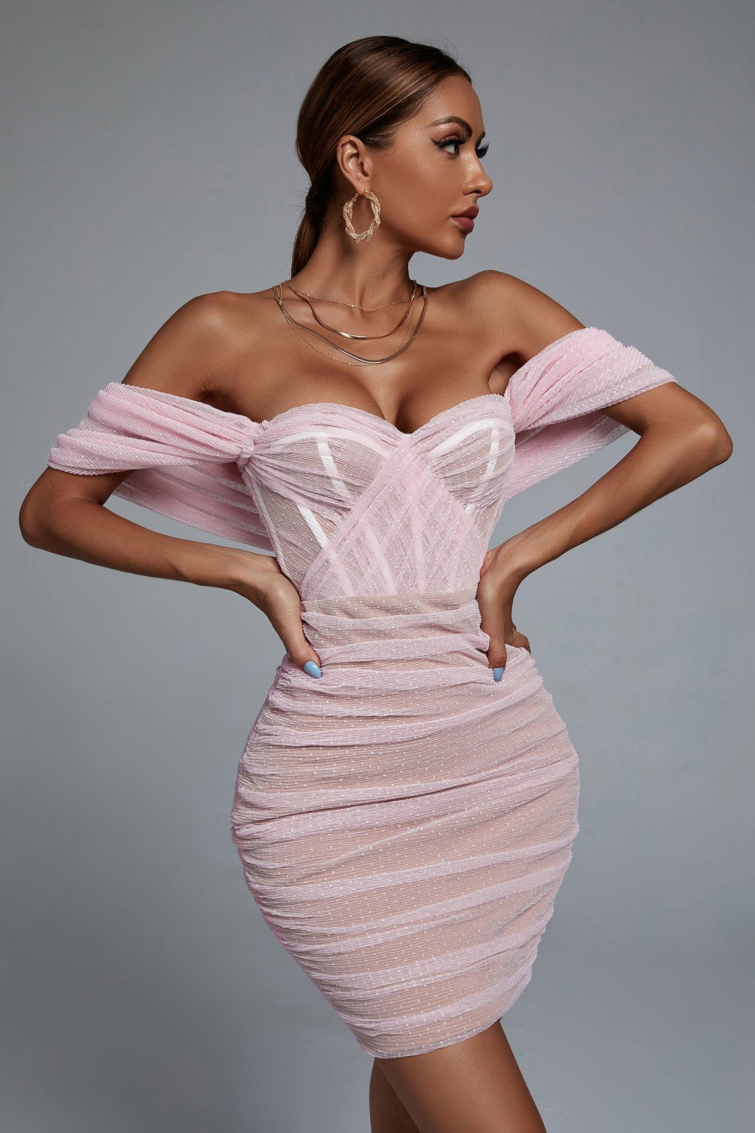 Kila Lace Off Shoulder Corset Dress - Pink - Bellabarnett