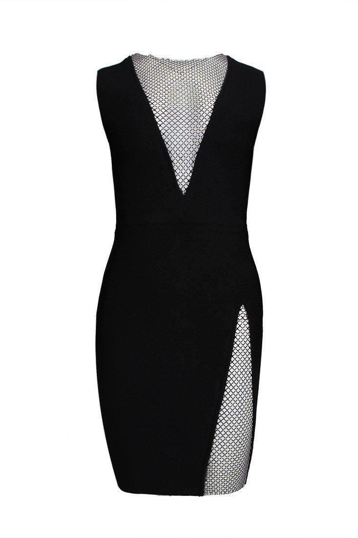 Plunge Mesh Crystal Mini Dress - Bellabarnett