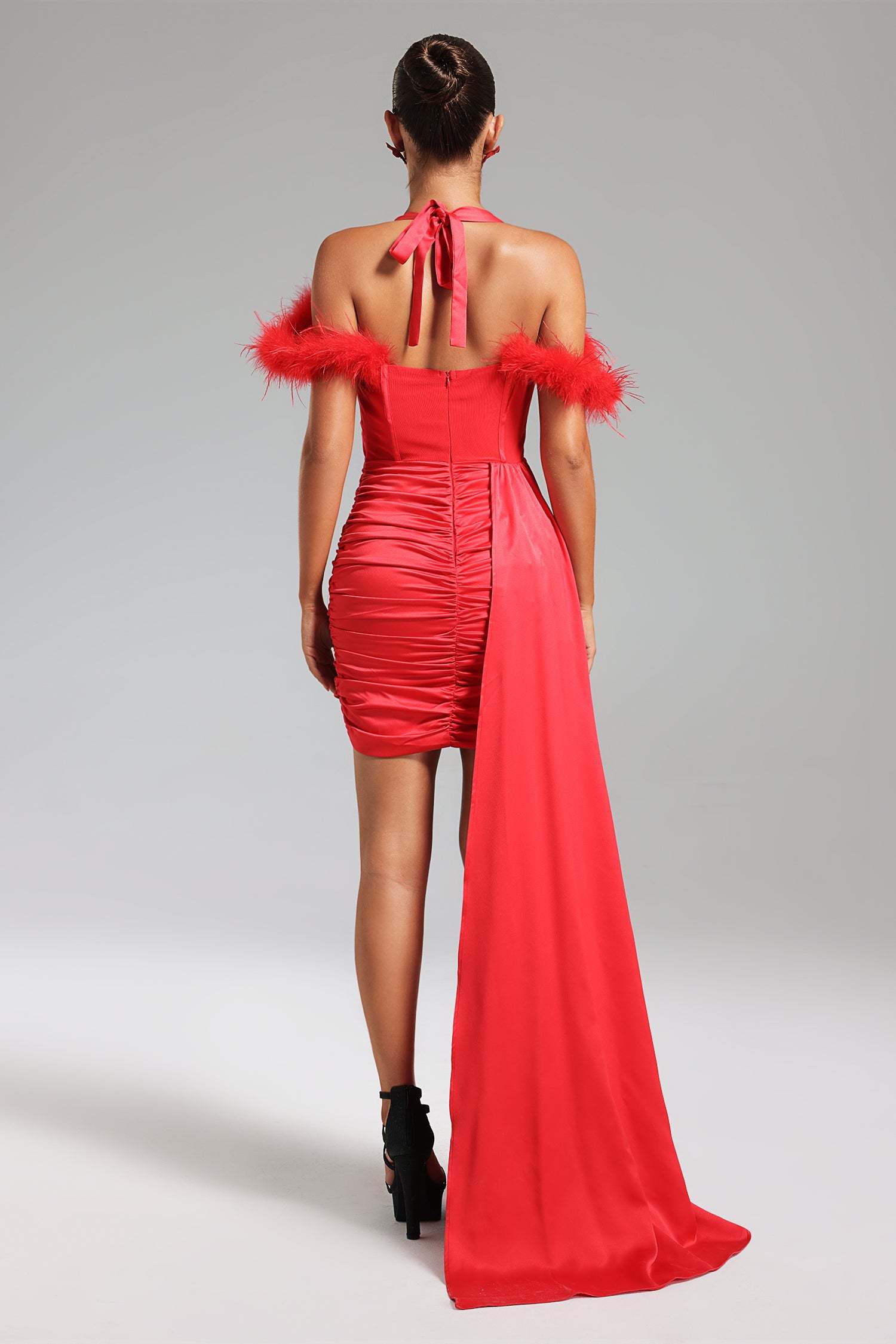 Lala Halterneck Feather Satin Mini Dress - Red