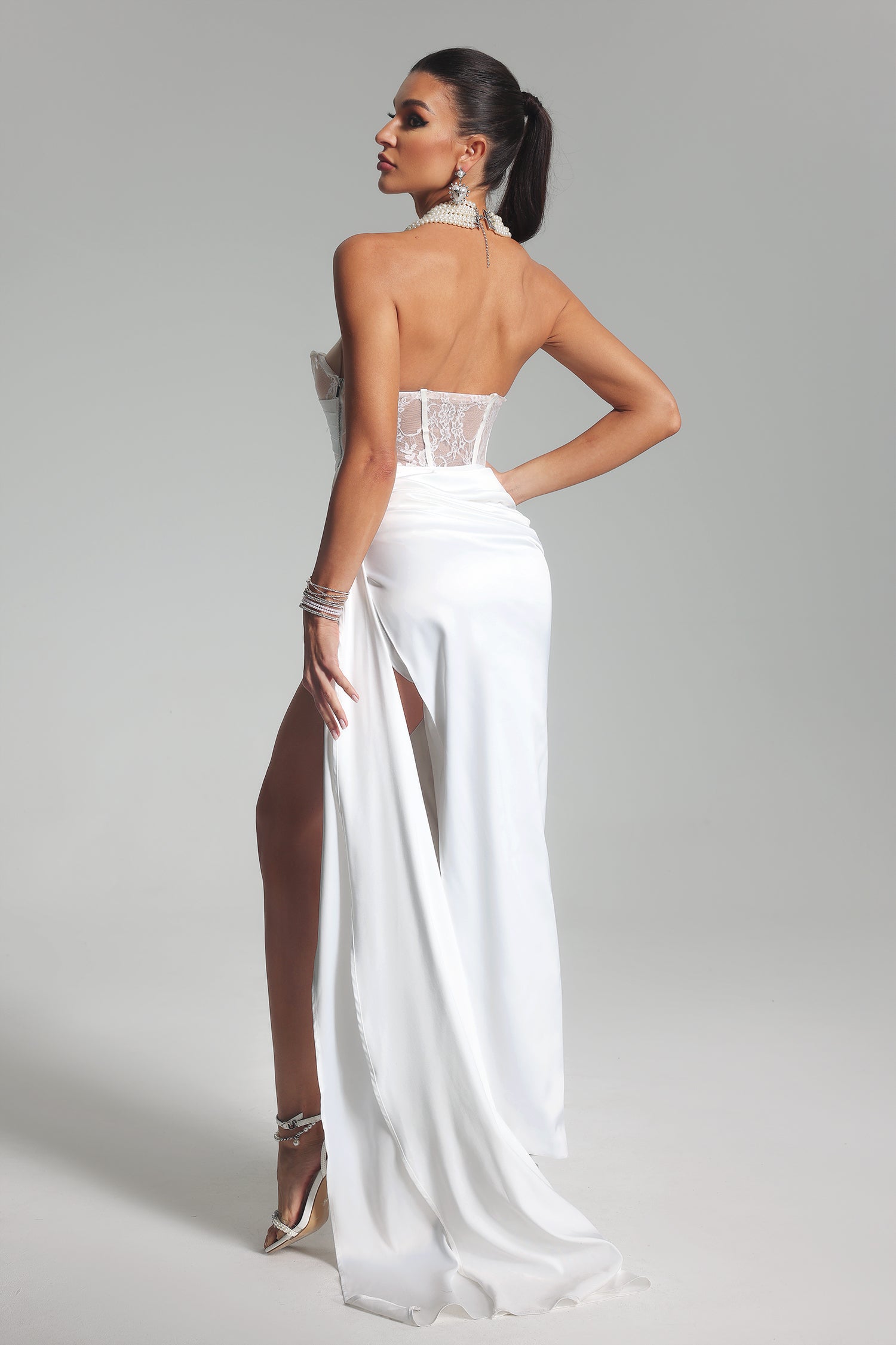 Lauren Strapless Corset Satin Maxi Dress-White