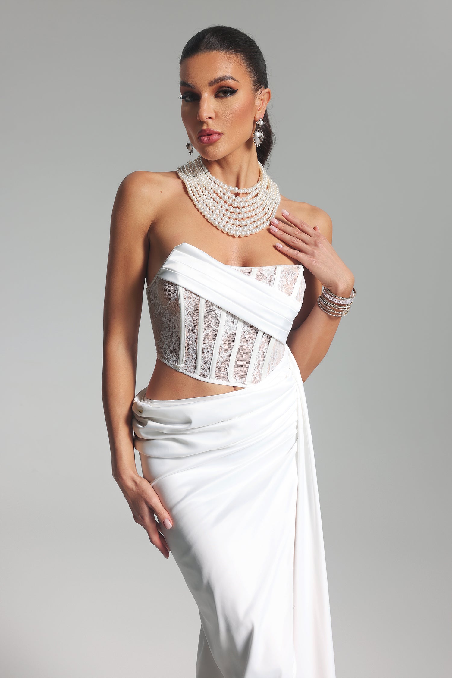 Lauren Strapless Corset Satin Maxi Dress-White