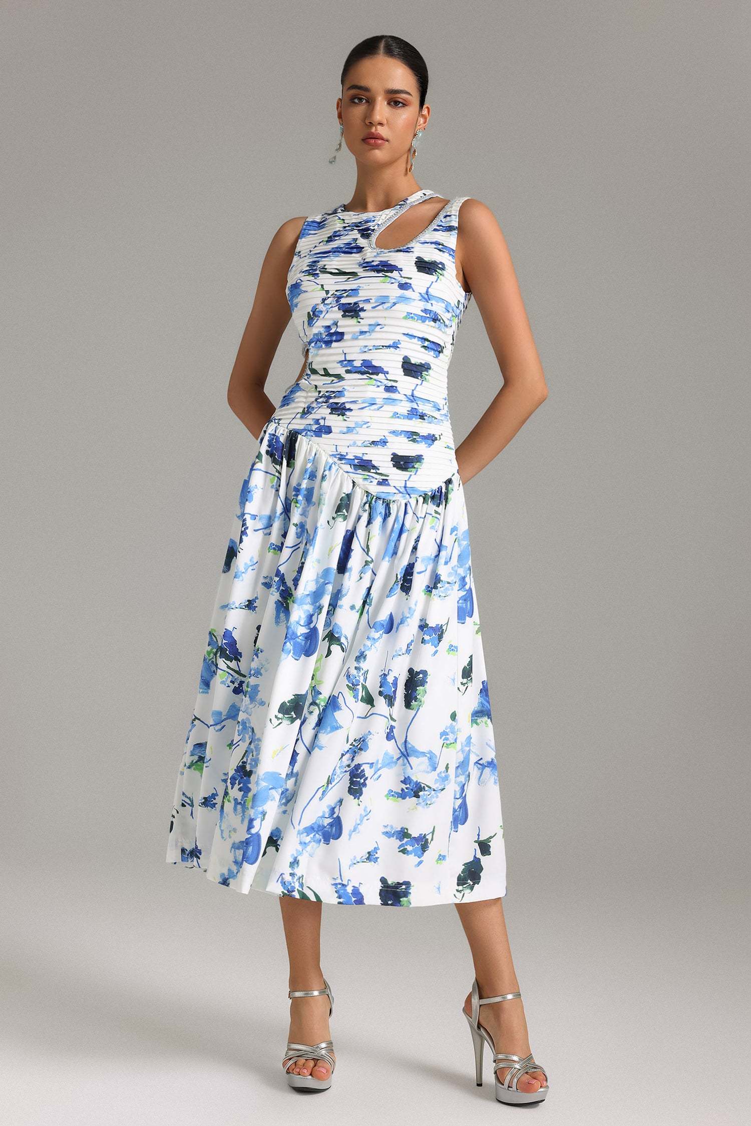Liaci Pleat Cut Out Printed Midi Dress - Blue