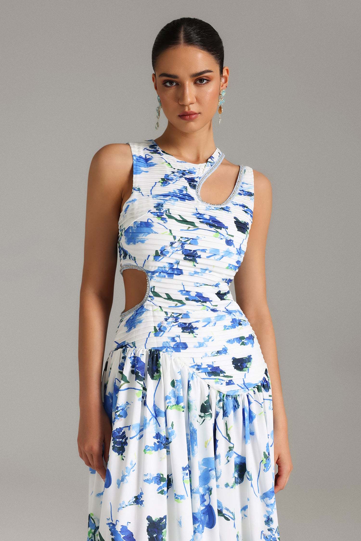 Liaci Pleat Cut Out Printed Midi Dress - Blue
