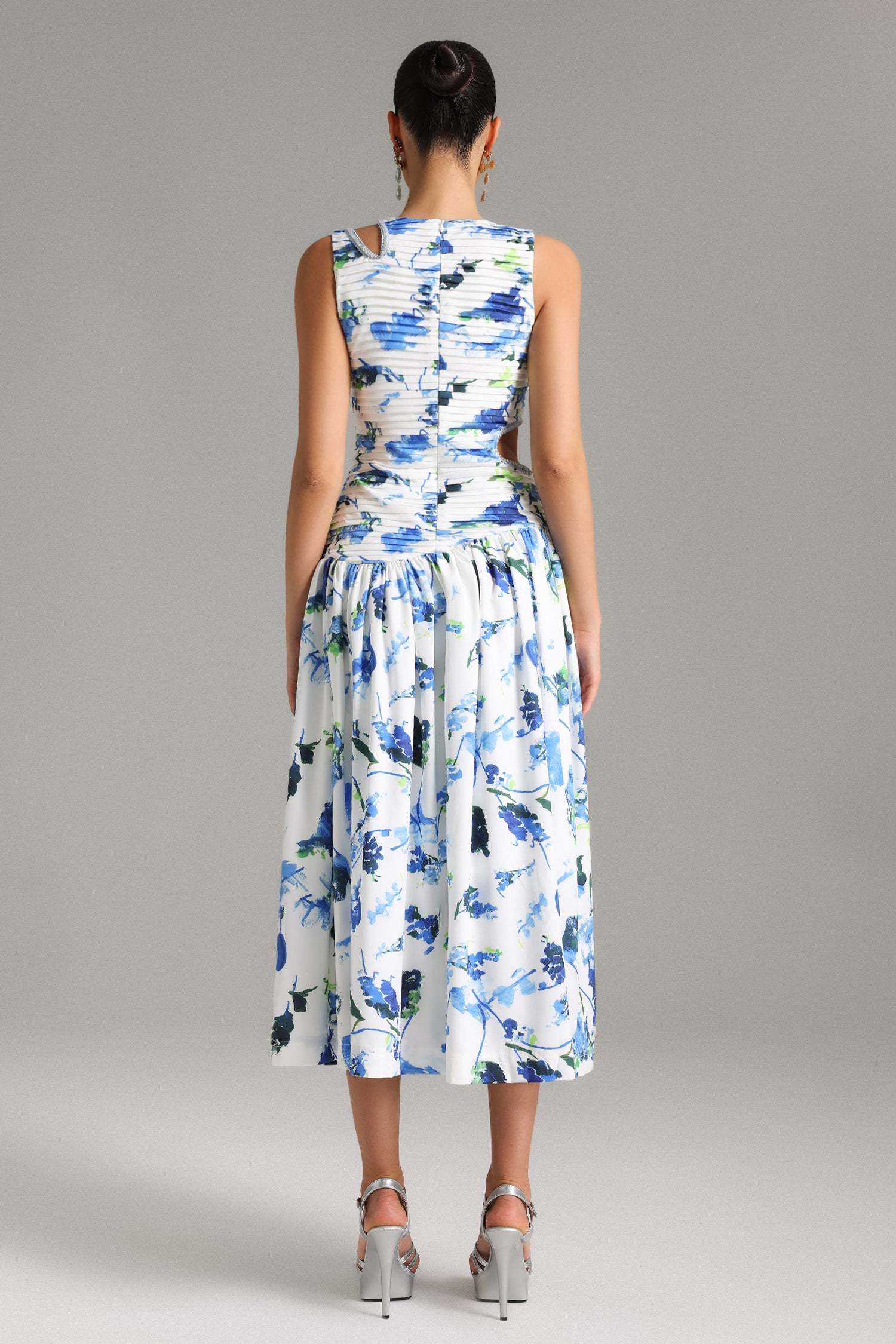 Liaci Pleat Cut Out Printed Midi Dress - Blue