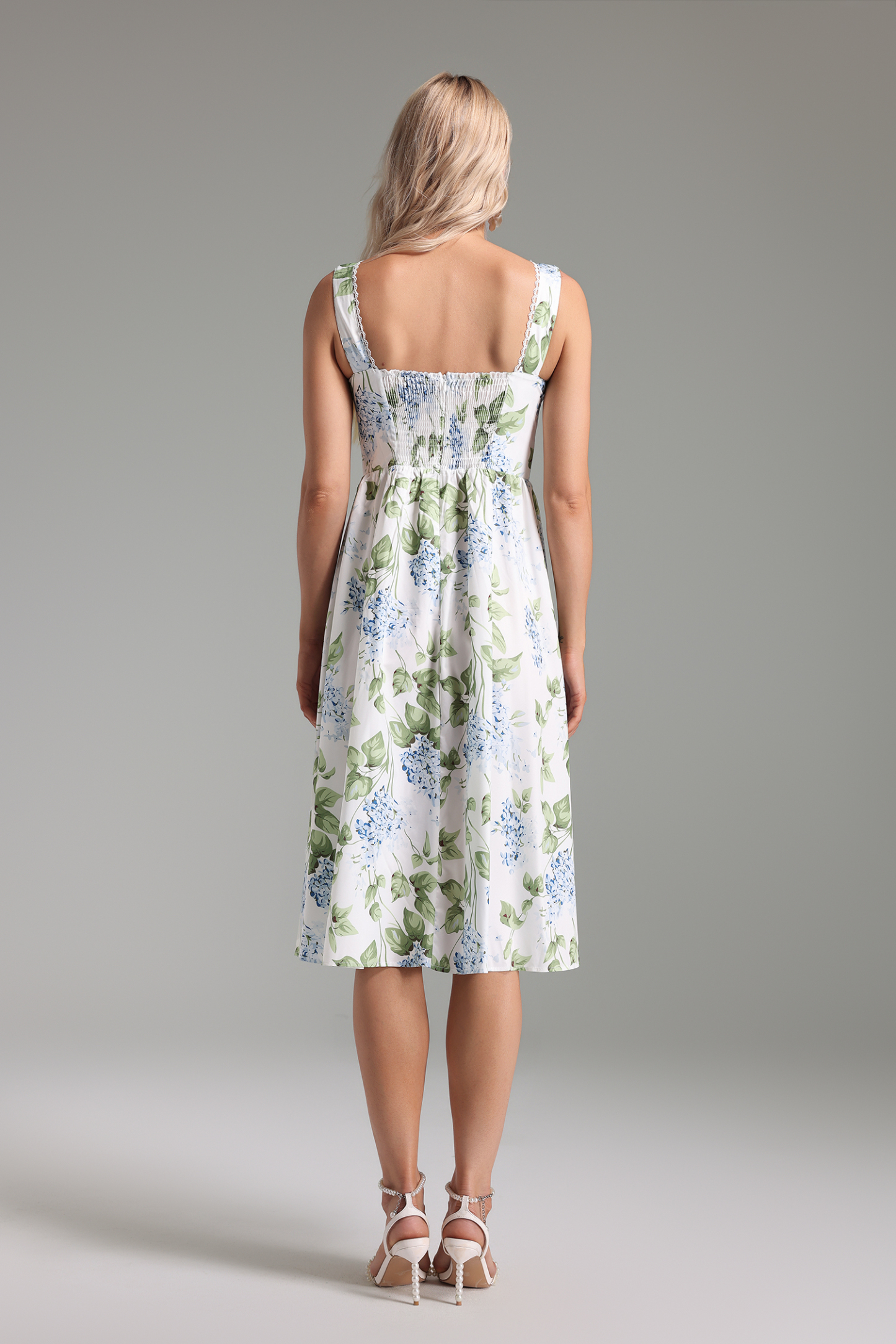 Floral Square Collar Cami Tapered Waist Midi Dress
