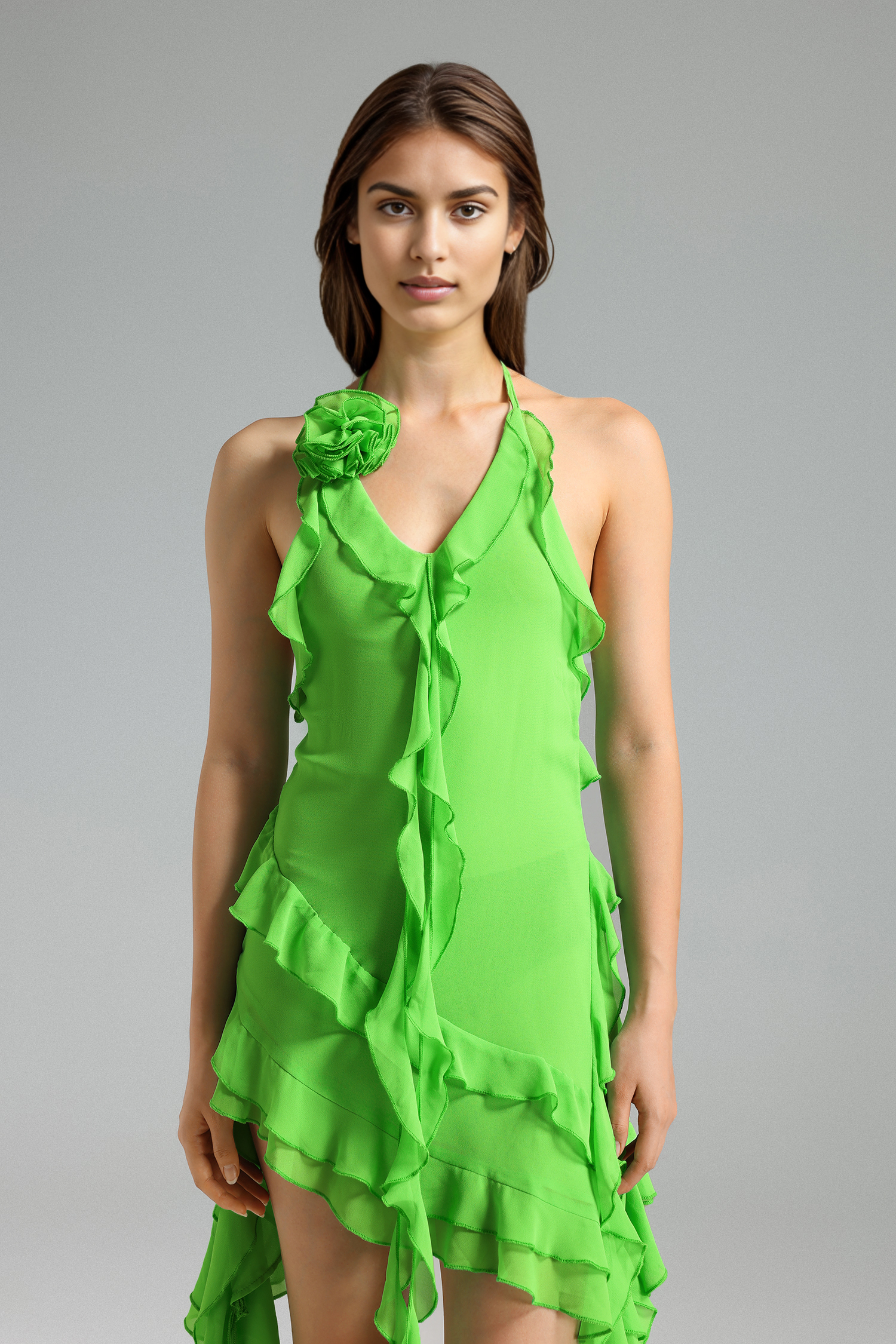 Margot Flower Ruffled Halter Mini Dress - Green