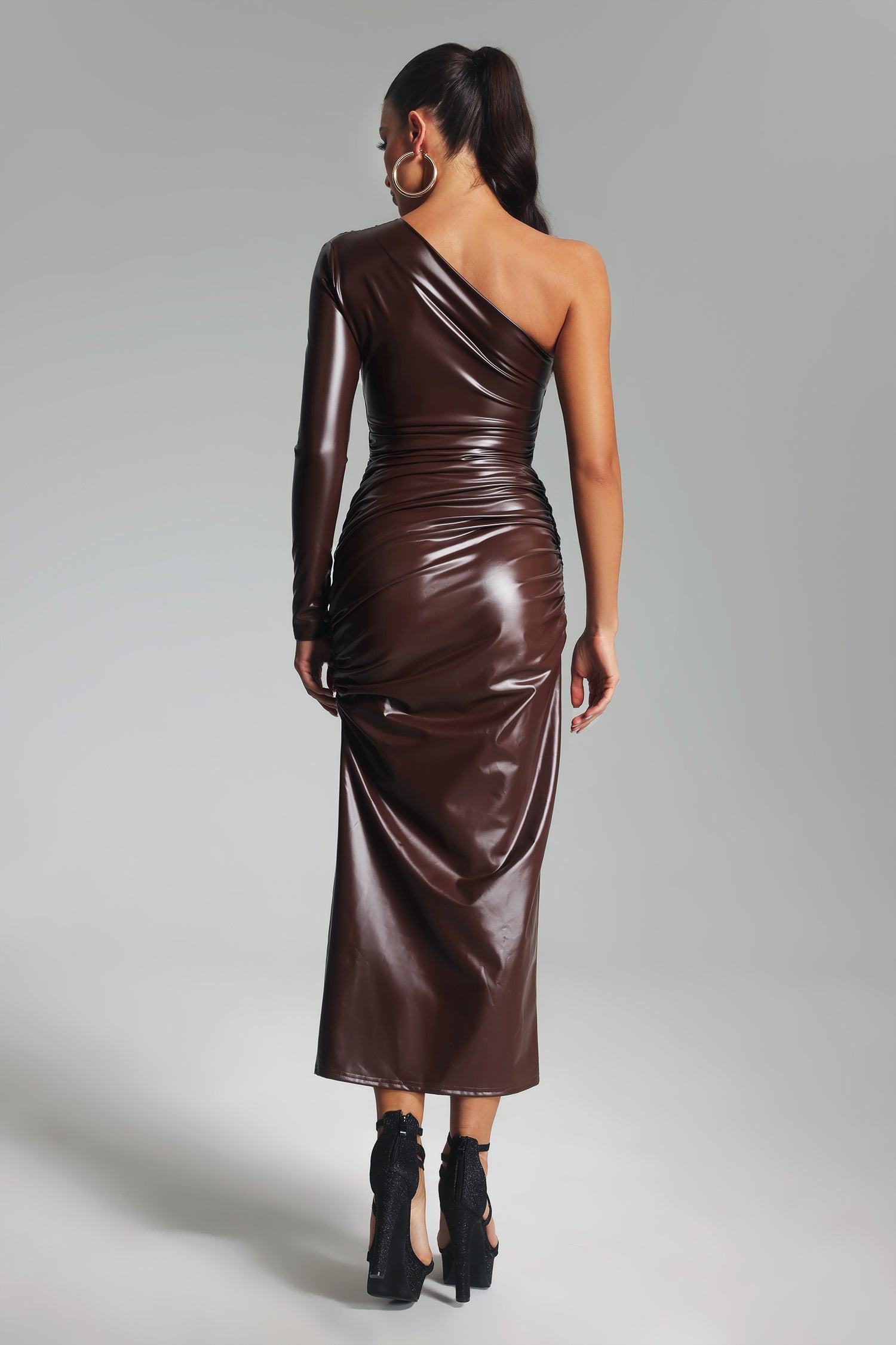Meghan One Shoulder Leather Midi Dress