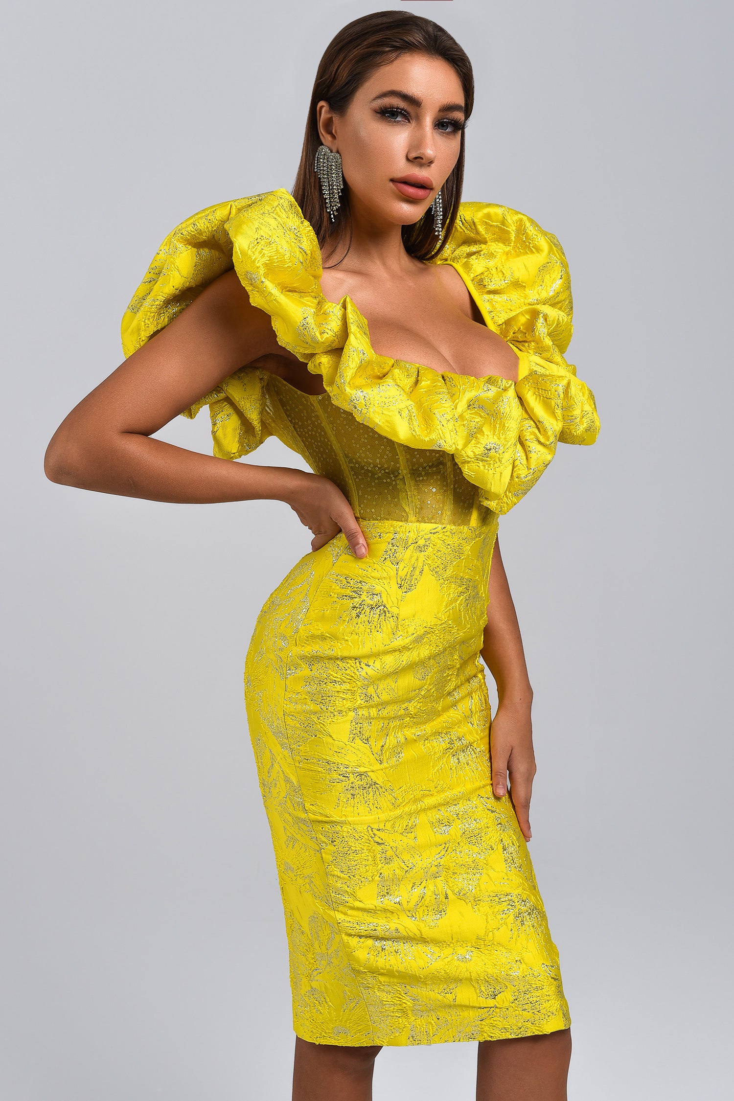 Jacquard Off Shoulder Midi Dress - Yellow