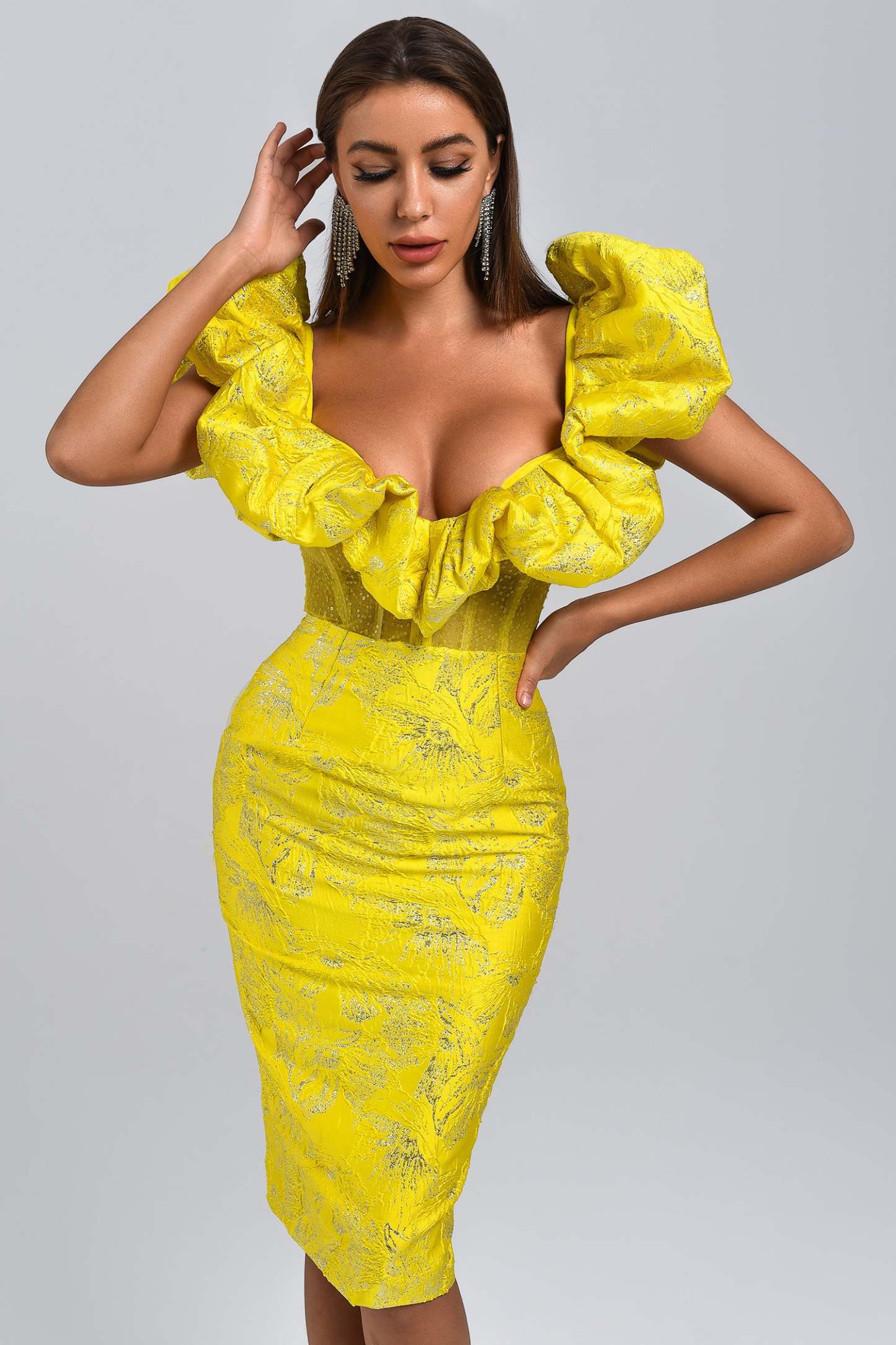 Jacquard Off Shoulder Midi Dress - Yellow
